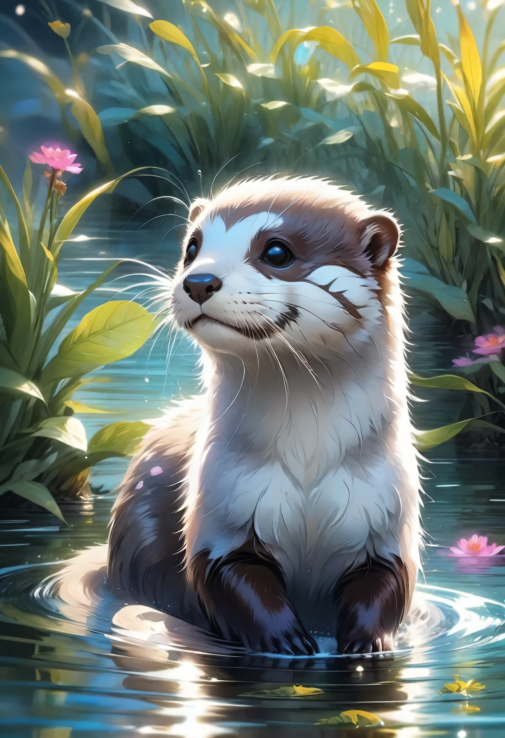 An otter, Aesthetic, (best quality,4K,8k,high resolution,masterpiece:1.2),Super detailed,(Practical:1.37),otter,Playful,cute,curious,watercolor painting,With beautiful fur,Bright Eyes,Expressive face,Natural habitat,Splashing water,Greenery,Morning Light,Peaceful environment,Bright colors,cute,Animal Wildlife,Stunning details,Precise brushstrokes,cute小鼻子,beard,Fluffy tail,jump,diving,foraging,Beautiful movements,Gentle ripples,Reflections on the water,Calm atmosphere,serene,Refreshing,Get along with nature,Soft brushstrokes,Subtle textures,delicate shading,Practical depiction,Playful expression,lifelike,Real image,Sweet and innocent,Emotional connection,Heartwarming,Classical art style,positive energy,happy