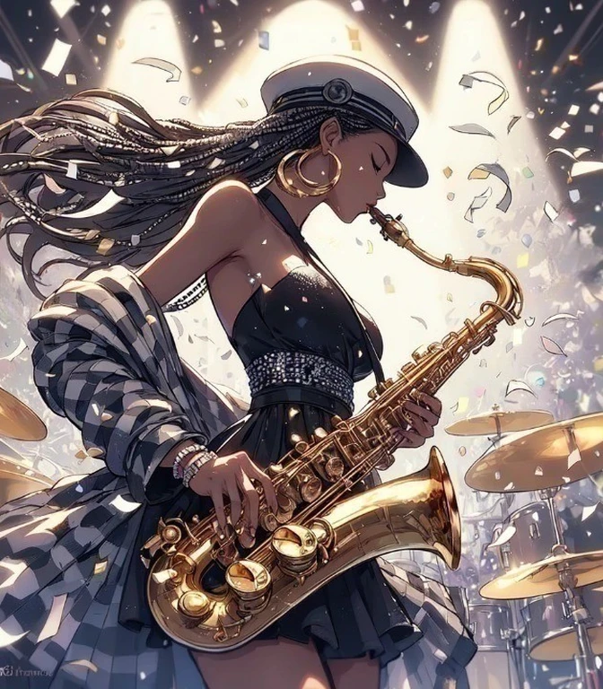 1lady solo, (playing the saxophone), (dynamic posing), (stylish outfit), mature female, (dark skin), /(black hair/) dreadlocks bangs, (eyes slightly closed), (holding saxophone in mouth) (closed mouth:1.1), (masterpiece best quality:1.2) delicate illustration ultra-detailed, large breasts BREAK (silver and gold confetti:1.2) dancing down BREAK (music stage) indoors, colorful confetti, spotlight, audience, detailed background