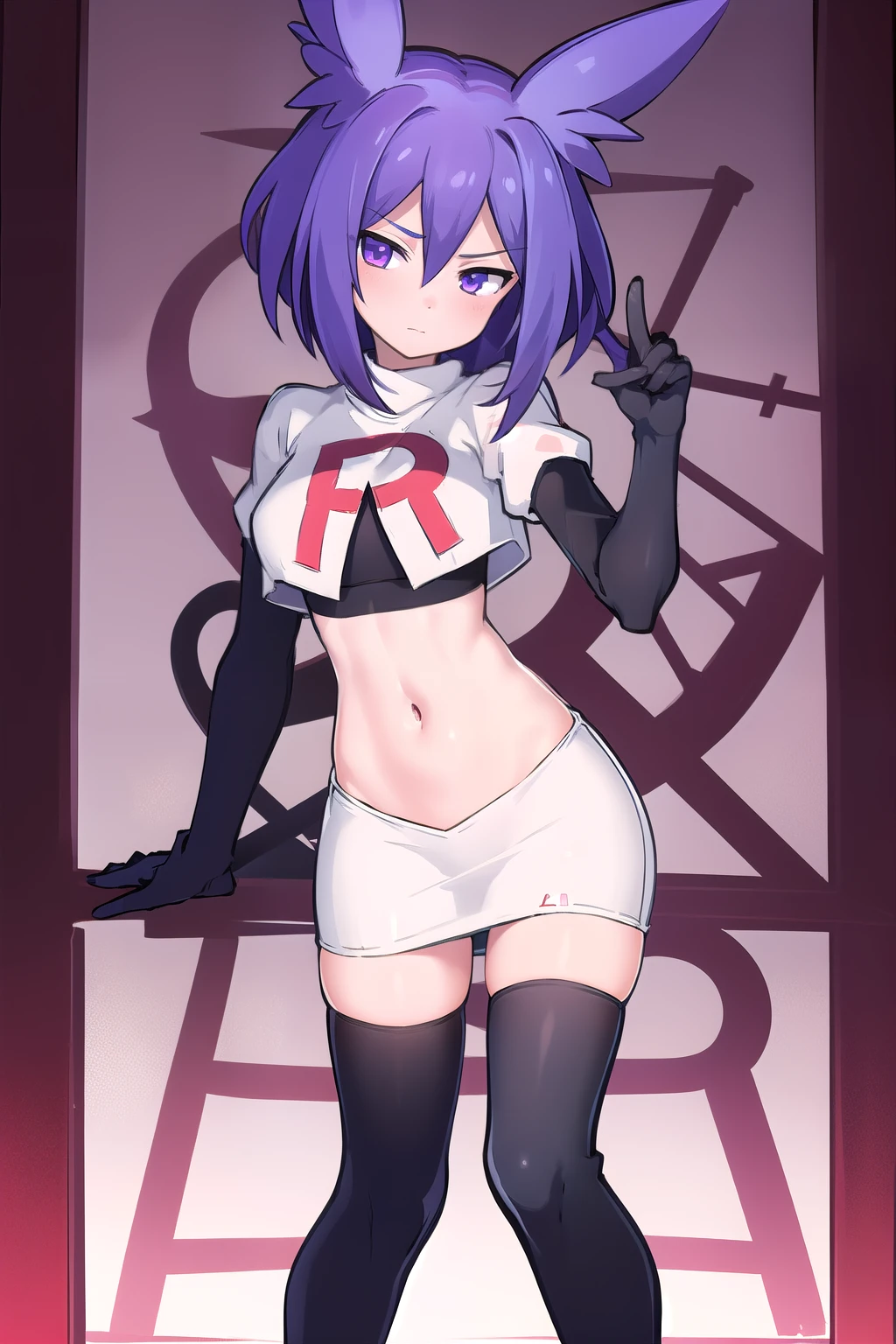 masterpiece, 1girl, levia \(trillion\), team rocket,team rocket uniform,white skirt,red letter R,crop top,black thigh-highs,black elbow gloves