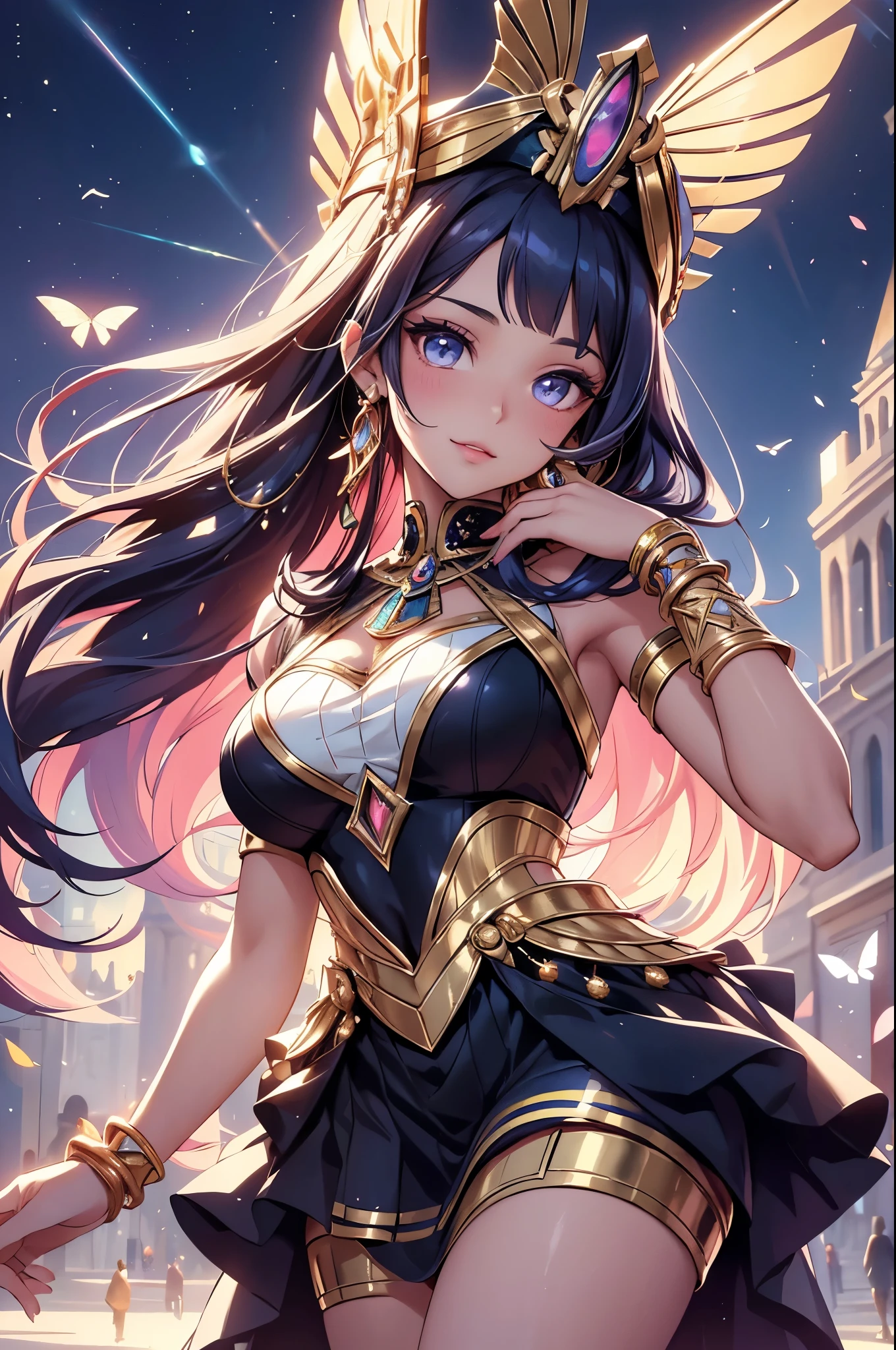 (best quality,4k,8k,highres,masterpiece:1.2),ultra-detailed,(realistic,photorealistic,photo-realistic:1.37),acrylic painting,beautiful Egyptian model in a Lolita dress with downy hair,beautiful Egyptian model with extremely colorful hair and detailed facial features,beautiful Egyptian model standing in a beautiful garden surrounded by a starry sky,beautiful Egyptian model wearing a vibrant Lolita dress,beautiful Egyptian model with intricate accessories and a matching hat,beautiful Egyptian model posing gracefully with her hands on her hips,beautiful Egyptian model with long flowing twintails,beautiful Egyptian model with bright blue eyes and rosy lips,beautiful Egyptian model with a joyful expression,beautiful Egyptian model in a dynamic pose with cherry blossoms falling around her,beautiful Egyptian model surrounded by colorful flowers and butterflies,beautiful Egyptian model's dress adorned with cute bows and lace details,beautiful Egyptian model with an enchanting smile,beautiful Egyptian model with soft, pastel-colored shading,beautiful Egyptian model with a magical glow illuminating her,beautiful Egyptian model in a picturesque setting with a winding path leading to a magnificent castle,beautiful Egyptian model holding a microphone and singing passionately,beautiful Egyptian model with a fairytale-like background,beautiful Egyptian model with a soft, dreamy atmosphere,beautiful Egyptian model with a subtle bokeh effect,beautiful Egyptian model standing under a moonlit sky,beautiful Egyptian model with a warm, golden sunset in the background,beautiful Egyptian model surrounded by twinkling stars and colorful nebulae,creating an ethereal and captivating artistic masterpiece.