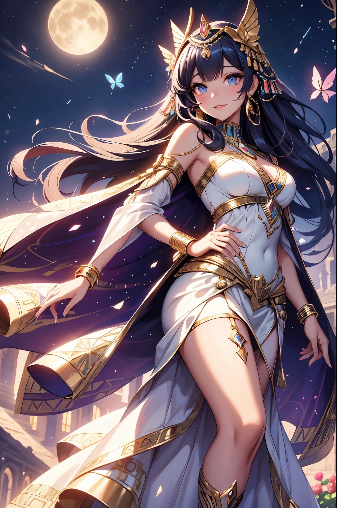 (best quality,4k,8k,highres,masterpiece:1.2),ultra-detailed,(realistic,photorealistic,photo-realistic:1.37),acrylic painting,beautiful Egyptian model in a Lolita dress with downy hair,beautiful Egyptian model with extremely colorful hair and detailed facial features,beautiful Egyptian model standing in a beautiful garden surrounded by a starry sky,beautiful Egyptian model wearing a vibrant Lolita dress,beautiful Egyptian model with intricate accessories and a matching hat,beautiful Egyptian model posing gracefully with her hands on her hips,beautiful Egyptian model with long flowing twintails,beautiful Egyptian model with bright blue eyes and rosy lips,beautiful Egyptian model with a joyful expression,beautiful Egyptian model in a dynamic pose with cherry blossoms falling around her,beautiful Egyptian model surrounded by colorful flowers and butterflies,beautiful Egyptian model's dress adorned with cute bows and lace details,beautiful Egyptian model with an enchanting smile,beautiful Egyptian model with soft, pastel-colored shading,beautiful Egyptian model with a magical glow illuminating her,beautiful Egyptian model in a picturesque setting with a winding path leading to a magnificent castle,beautiful Egyptian model holding a microphone and singing passionately,beautiful Egyptian model with a fairytale-like background,beautiful Egyptian model with a soft, dreamy atmosphere,beautiful Egyptian model with a subtle bokeh effect,beautiful Egyptian model standing under a moonlit sky,beautiful Egyptian model with a warm, golden sunset in the background,beautiful Egyptian model surrounded by twinkling stars and colorful nebulae,creating an ethereal and captivating artistic masterpiece. 