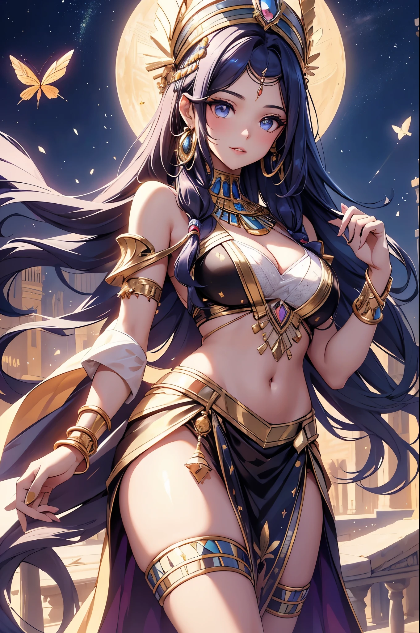 (best quality,4k,8k,highres,masterpiece:1.2),ultra-detailed,(realistic,photorealistic,photo-realistic:1.37),acrylic painting,beautiful Egyptian model in a ta dress with downy hair,beautiful Egyptian model with extremely colorful hair and detailed facial features,beautiful Egyptian model standing in a beautiful garden surrounded by a starry sky,beautiful Egyptian model wearing a vibrant Loliress,beautiful Egyptian model with intricate accessories and a matching hat,beautiful Egyptian model posing gracefully with her hands on her hips,beautiful Egyptian model with long flowing twintails,beautiful Egyptian model with bright blue eyes and rosy lips,beautiful Egyptian model with a joyful expression,beautiful Egyptian model in a dynamic pose with cherry blossoms falling around her,beautiful Egyptian model surrounded by colorful flowers and butterflies,beautiful Egyptian model's dress adorned with cute bows and lace details,beautiful Egyptian model with an enchanting smile,beautiful Egyptian model with soft, pastel-colored shading,beautiful Egyptian model with a magical glow illuminating her,beautiful Egyptian model in a picturesque setting with a winding path leading to a magnificent castle,beautiful Egyptian model holding a microphone and singing passionately,beautiful Egyptian model with a fairytale-like background,beautiful Egyptian model with a soft, dreamy atmosphere,beautiful Egyptian model with a subtle bokeh effect,beautiful Egyptian model standing under a moonlit sky,beautiful Egyptian model with a warm, golden sunset in the background,beautiful Egyptian model surrounded by twinkling stars and colorful nebulae,creating an ethereal and captivating artistic masterpiece.