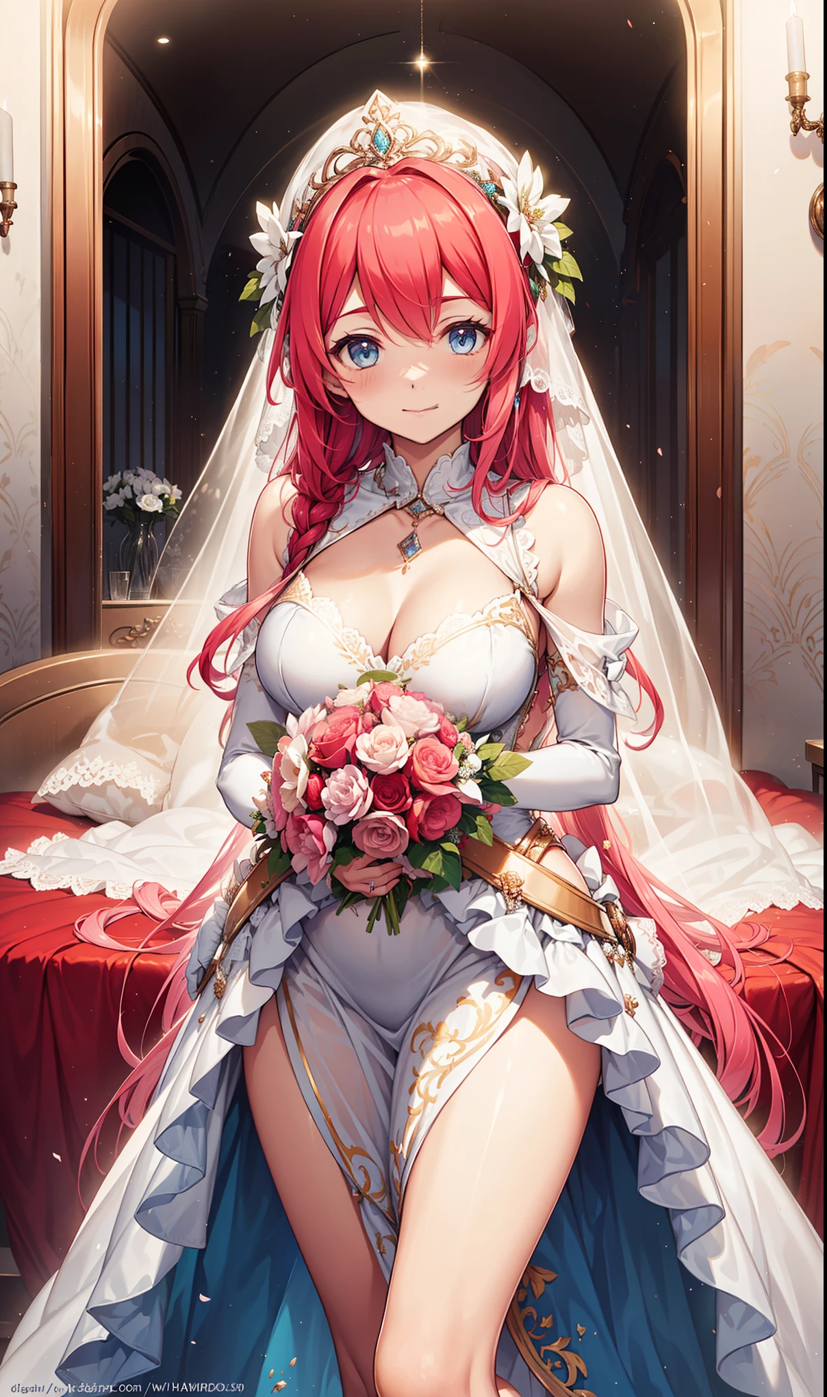 (best quality, high resolution, textured skin, high quality, High Detail,Extremely detailed CG unification),aldult，Charm，Divine happiness，in love，(Intricately designed wedding dress:1.2)，Pink Hair，blue eyes，(Fabric headdress minimalism，Multi-layer delicate ruffles，Lots of lace，Multi-color cloth，Beautifully embroidered，Beautiful Pattern，Fabric headdress，Exquisite clothing，see through transparent clothes，bedroom，night，(Dazzle:1.2)，light，The only person，The skirt flutters，