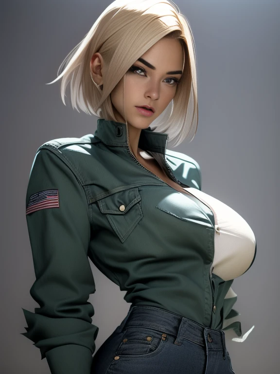(1girl:1.4), (sfw), (clothed), (masterpiece), illustration,(realistic:1.5), (specular lighting:1.4), (hyperrealistic:1.2), (photorealistic face:1.2), (perfect face), (best quality), (8k), (4k), photorealistic, sharp focus, octane render, best quality, extremely detailed, intricate, hyper detailed, fantasy, soft lighting,(big breasts:1.4), (skindentation:1.3), android 18 from Dragon Ball, looking down at viewer, after a fight, torn clothes, Android 18, jeans, demin jacket, striped shirt, perfect hands, excited face, short bob haircut.