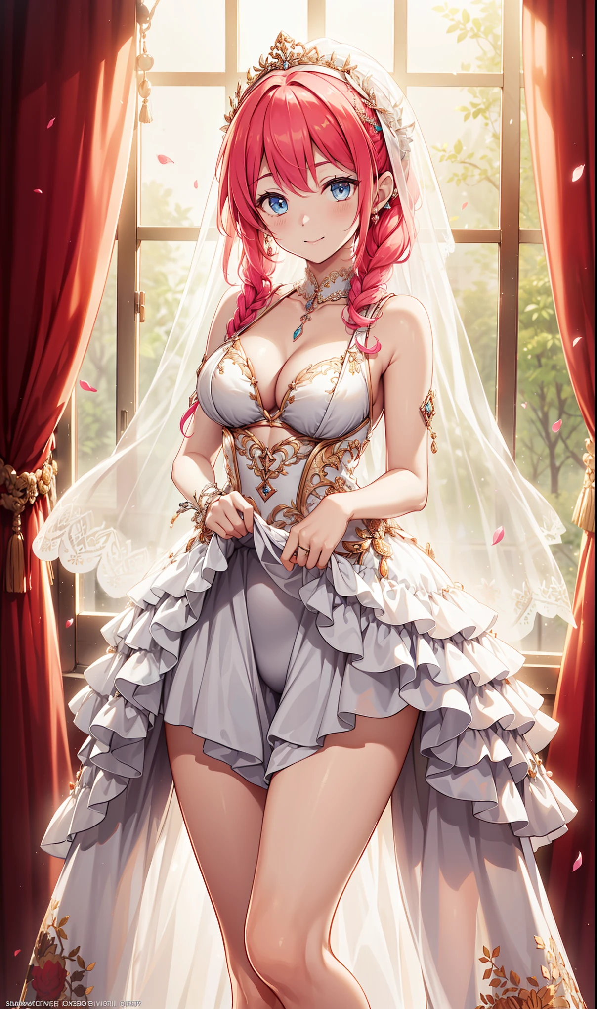 (best quality, high resolution, textured skin, high quality, High Detail,Extremely detailed CG unification),aldult,Charm,Divine happiness,in love,(Intricately designed wedding dress:1.2),Pink Hair,blue eyes,(Fabric headdress minimalism,Multi-layer delicate ruffles,Lots of lace,Multi-color cloth,Beautifully embroidered,Beautiful Pattern,Fabric headdress,Exquisite clothing,see through transparent clothes,bedroom,night,(Dazzle:1.2),light,The only person,The skirt flutters,