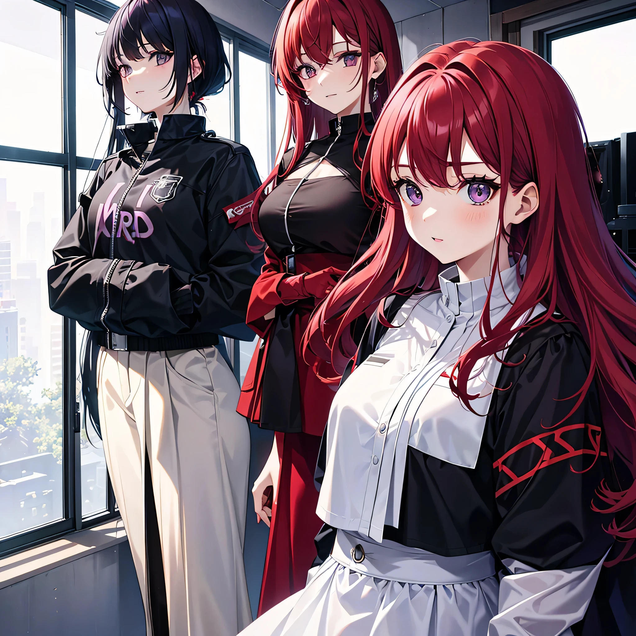 Two red-haired sisters, one adult with purple eyes and the other young girl with gray eyes.