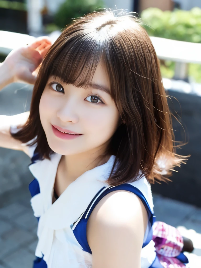 highest quality,Ultra-high resolution,Japanese actress,Bob Hair,Brown Hair,Big Eyes,Brown eyes,eyelid,Idol face,smile,looking at the camera,Idol Costumes,ribbon,Short sleeve,mini skirt,{{{Jumping on the outdoor stage:1.5}}}