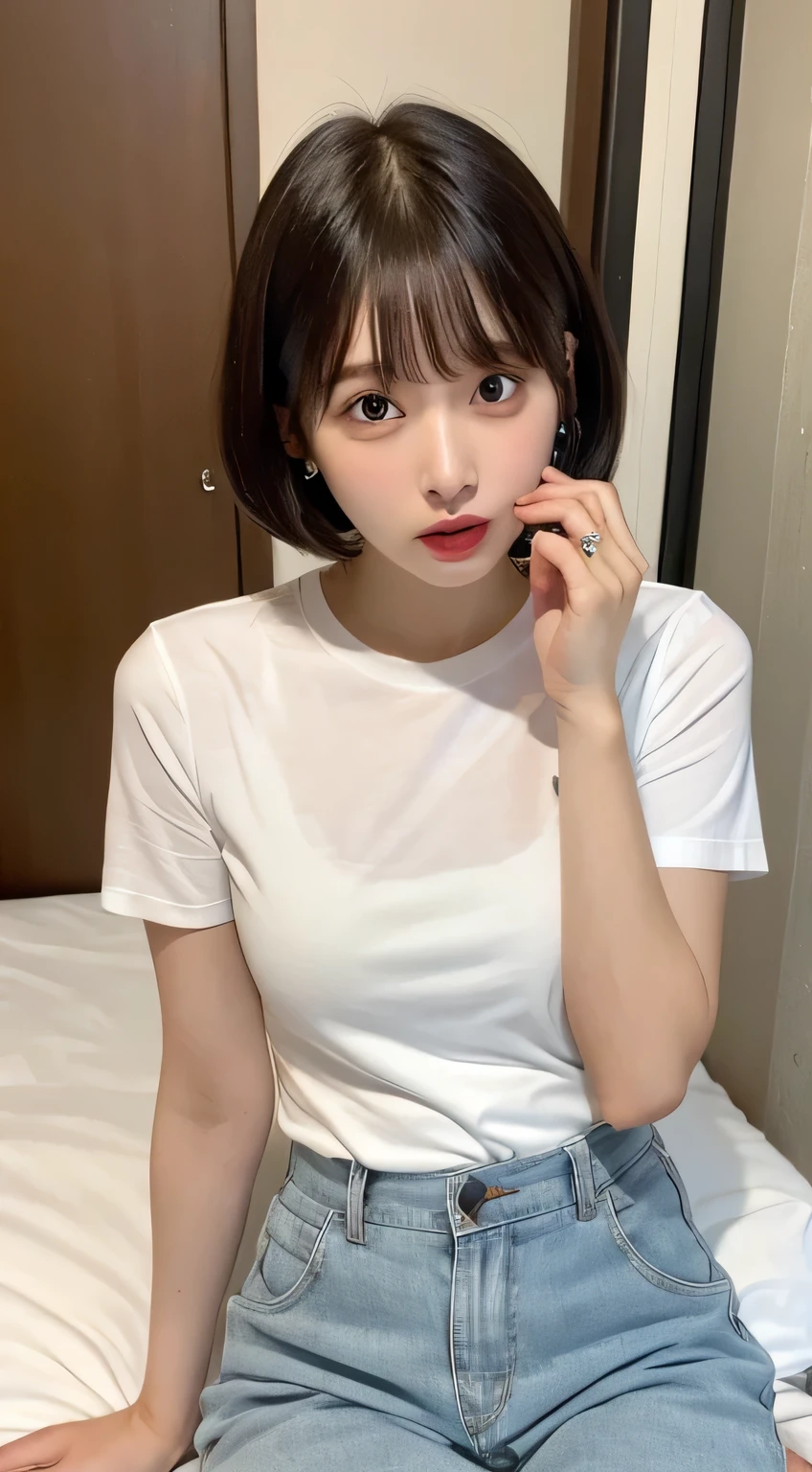 White tight shirt、mini skirt、I can see your pants、bed、Embarrassed face、Short sleeve、Short hair with bangs