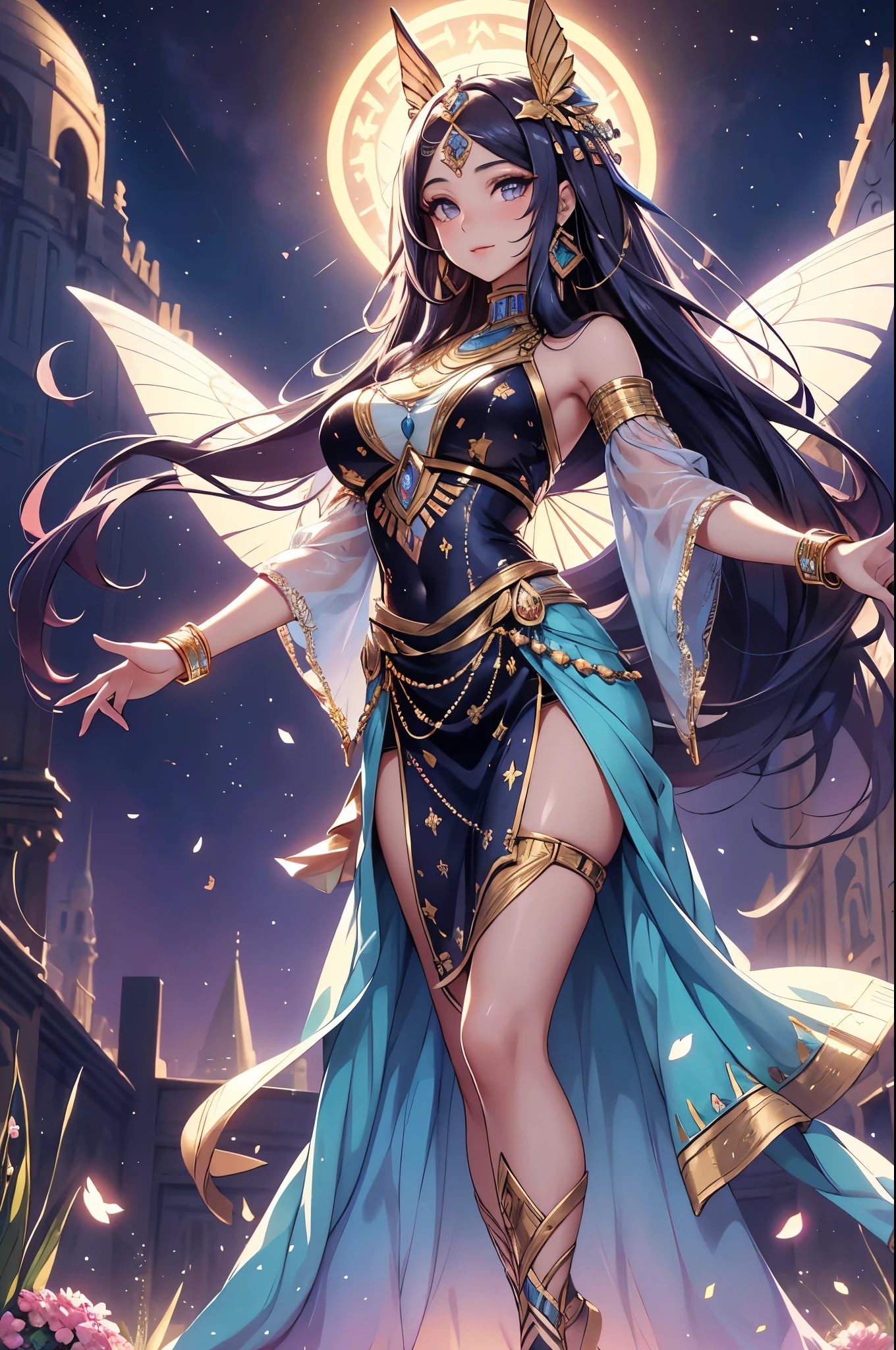 (best quality,4k,8k,highres,masterpiece:1.2),ultra-detailed,(realistic,photorealistic,photo-realistic:1.37),acrylic painting,beautiful Egyptian model in a Lolita dress with downy hair,beautiful Egyptian model with extremely colorful hair and detailed facial features,beautiful Egyptian model standing in a beautiful garden surrounded by a starry sky,beautiful Egyptian model wearing a vibrant Lolita dress,beautiful Egyptian model with intricate accessories and a matching hat,beautiful Egyptian model posing gracefully with her hands on her hips,beautiful Egyptian model with long flowing twintails,beautiful Egyptian model with bright blue eyes and rosy lips,beautiful Egyptian model with a joyful expression,beautiful Egyptian model in a dynamic pose with cherry blossoms falling around her,beautiful Egyptian model surrounded by colorful flowers and butterflies,beautiful Egyptian model's dress adorned with cute bows and lace details,beautiful Egyptian model with an enchanting smile,beautiful Egyptian model with soft, pastel-colored shading,beautiful Egyptian model with a magical glow illuminating her,beautiful Egyptian model in a picturesque setting with a winding path leading to a magnificent castle,beautiful Egyptian model holding a microphone and singing passionately,beautiful Egyptian model with a fairytale-like background,beautiful Egyptian model with a soft, dreamy atmosphere,beautiful Egyptian model with a subtle bokeh effect,beautiful Egyptian model standing under a moonlit sky,beautiful Egyptian model with a warm, golden sunset in the background,beautiful Egyptian model surrounded by twinkling stars and colorful nebulae,creating an ethereal and captivating artistic masterpiece.