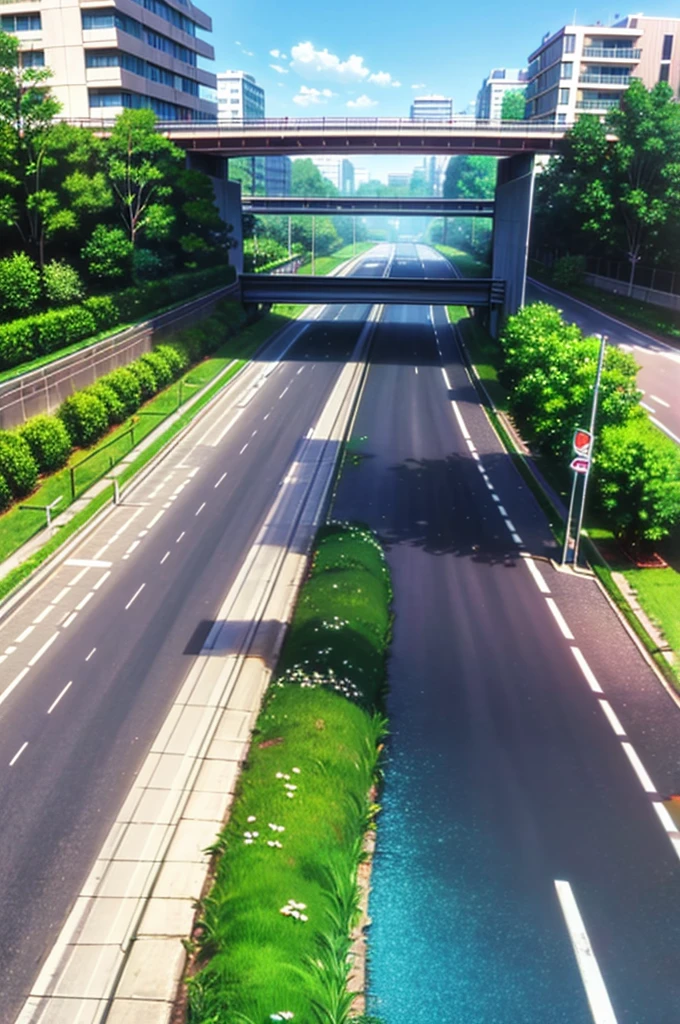 Generate an anime-style artwork featuring a low-angle view of a highway and an overpass. The perspective should be from ground level, as if the camera is positioned on the road itself. The scene should showcase a highway with cars passing by and an elevated walkway in the background. Beyond the highway, there should be a cityscape with tall buildings, depicting an urban setting just outside the city limits. The image should be in high definition, capturing the intricate details of the scene.