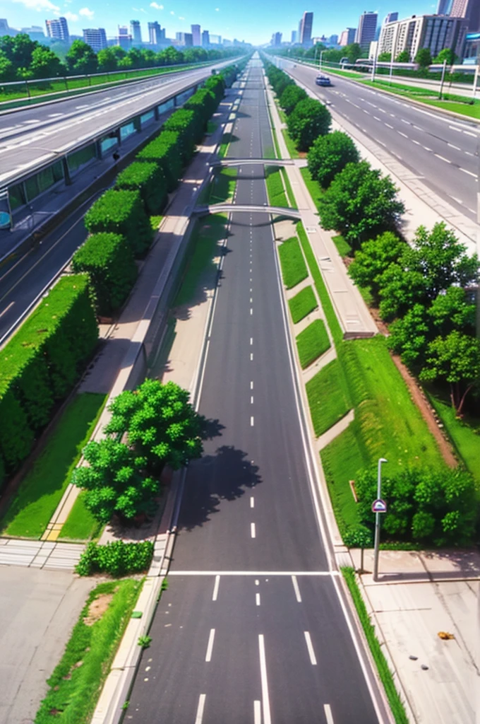 Generate an anime-style artwork featuring a low-angle view of a highway and an overpass. The perspective should be from ground level, as if the camera is positioned on the road itself. The scene should showcase a highway with cars passing by and an elevated walkway in the background. Beyond the highway, there should be a cityscape with tall buildings, depicting an urban setting just outside the city limits. The image should be in high definition, capturing the intricate details of the scene.