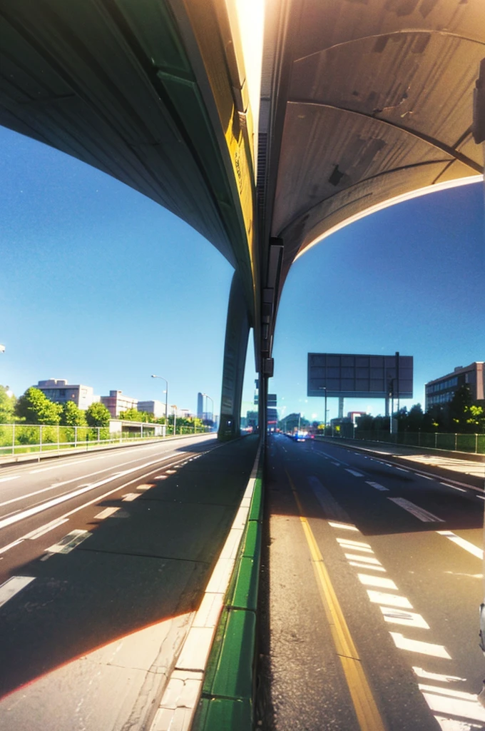 Generate an anime-style artwork featuring a low-angle view of a highway and an overpass. The perspective should be from ground level, as if the camera is positioned on the road itself. The scene should showcase a highway with cars passing by and an elevated walkway in the background. Beyond the highway, there should be a cityscape with tall buildings, depicting an urban setting just outside the city limits. The image should be in high definition, capturing the intricate details of the scene.