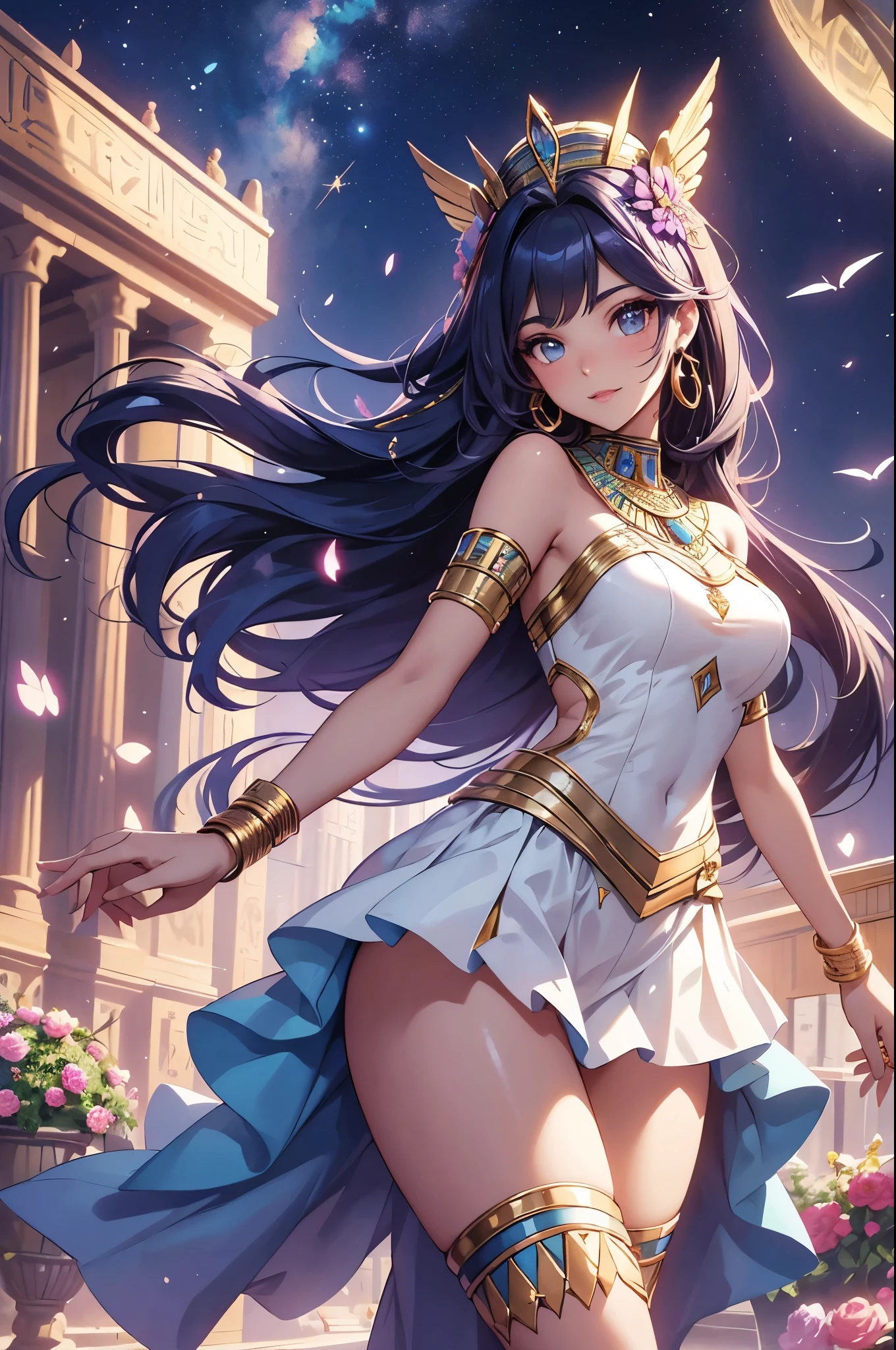 (best quality,4k,8k,highres,masterpiece:1.2),ultra-detailed,(realistic,photorealistic,photo-realistic:1.37),acrylic painting,beautiful Egyptian model in a ta dress with downy hair,beautiful Egyptian model with extremely colorful hair and detailed facial features,beautiful Egyptian model standing in a beautiful garden surrounded by a starry sky,beautiful Egyptian model wearing a vibrant Loliress,beautiful Egyptian model with intricate accessories and a matching hat,beautiful Egyptian model posing gracefully with her hands on her hips,beautiful Egyptian model with long flowing twintails,beautiful Egyptian model with bright blue eyes and rosy lips,beautiful Egyptian model with a joyful expression,beautiful Egyptian model in a dynamic pose with cherry blossoms falling around her,beautiful Egyptian model surrounded by colorful flowers and butterflies,beautiful Egyptian model's dress adorned with cute bows and lace details,beautiful Egyptian model with an enchanting smile,beautiful Egyptian model with soft, pastel-colored shading,beautiful Egyptian model with a magical glow illuminating her,beautiful Egyptian model in a picturesque setting with a winding path leading to a magnificent castle,beautiful Egyptian model holding a microphone and singing passionately,beautiful Egyptian model with a fairytale-like background,beautiful Egyptian model with a soft, dreamy atmosphere,beautiful Egyptian model with a subtle bokeh effect,beautiful Egyptian model standing under a moonlit sky,beautiful Egyptian model with a warm, golden sunset in the background,beautiful Egyptian model surrounded by twinkling stars and colorful nebulae,creating an ethereal and captivating artistic masterpiece.