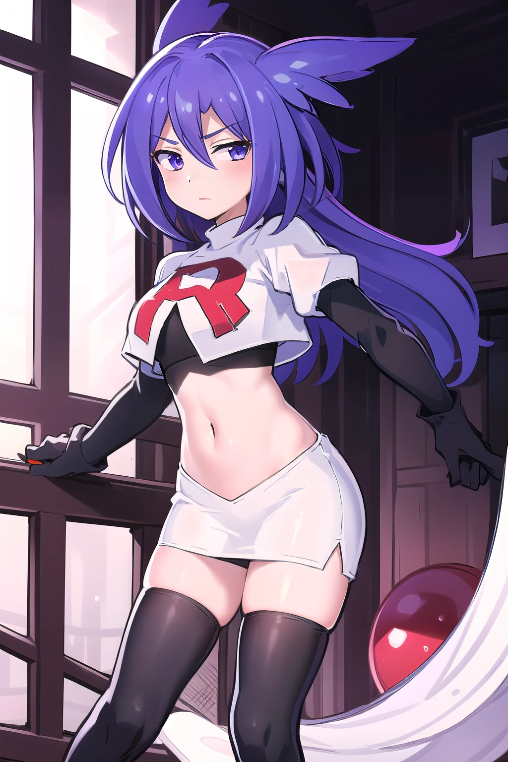 masterpiece, 1girl, levia \(trillion\), team rocket,team rocket uniform,white skirt,red letter R,crop top,black thigh-highs,black elbow gloves