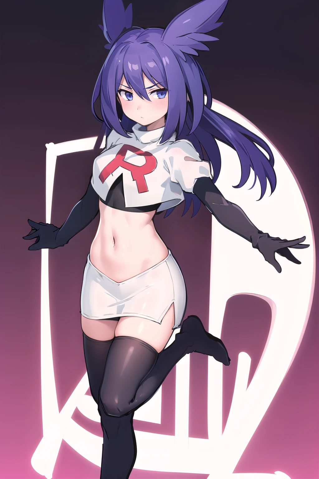 masterpiece, 1girl, levia \(trillion\), team rocket,team rocket uniform,white skirt,red letter R,crop top,black thigh-highs,black elbow gloves