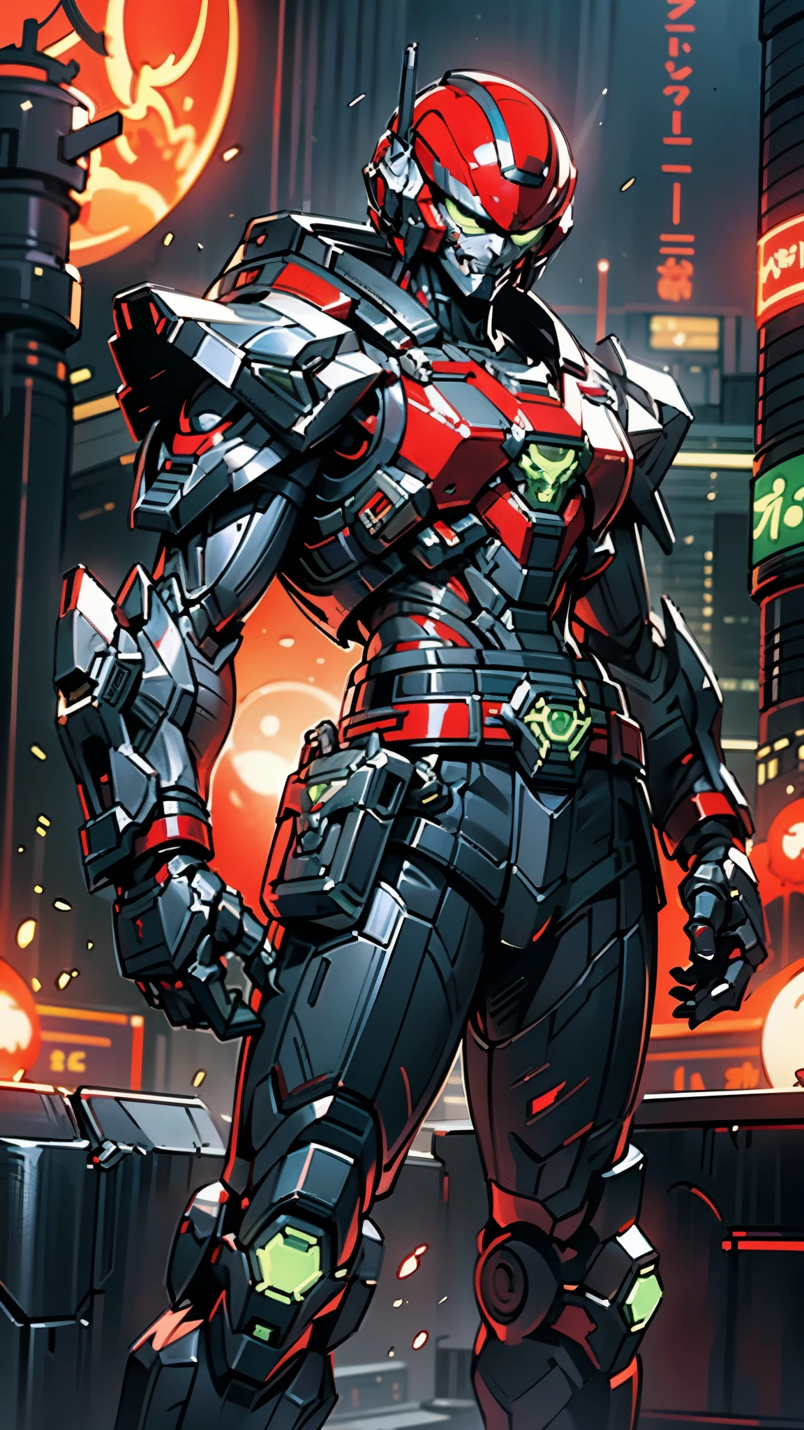 A man wearing a full-face helmet, a fantasy-style biotech armored combat suit, green eyes, (a composite layered chest armor), fully enclosed shoulder guards, matching arm and leg guards, the belt is adorned with fangs biting into orbs, (the color scheme is primarily black with red accents), the design balances heavy with agility, a high-tech bio-mecha armor, (Armor Concept Inspired by Bat, stand on the top of a skyscraper in a futuristic sci-fi city), this character embodies a finely crafted fantasy-surreal style armored hero in anime style, exquisite and mature manga art style, (element, plasma, energy, the armor glows), ((male:1.5)), metallic, real texture material, dramatic, high definition, best quality, highres, ultra-detailed, ultra-fine painting, extremely delicate, professional, perfect body proportions, golden ratio, anatomically correct, symmetrical face, extremely detailed eyes and face, high quality eyes, creativity, RAW photo, UHD, 32k, Natural light, cinematic lighting, masterpiece-anatomy-perfect, masterpiece:1.5