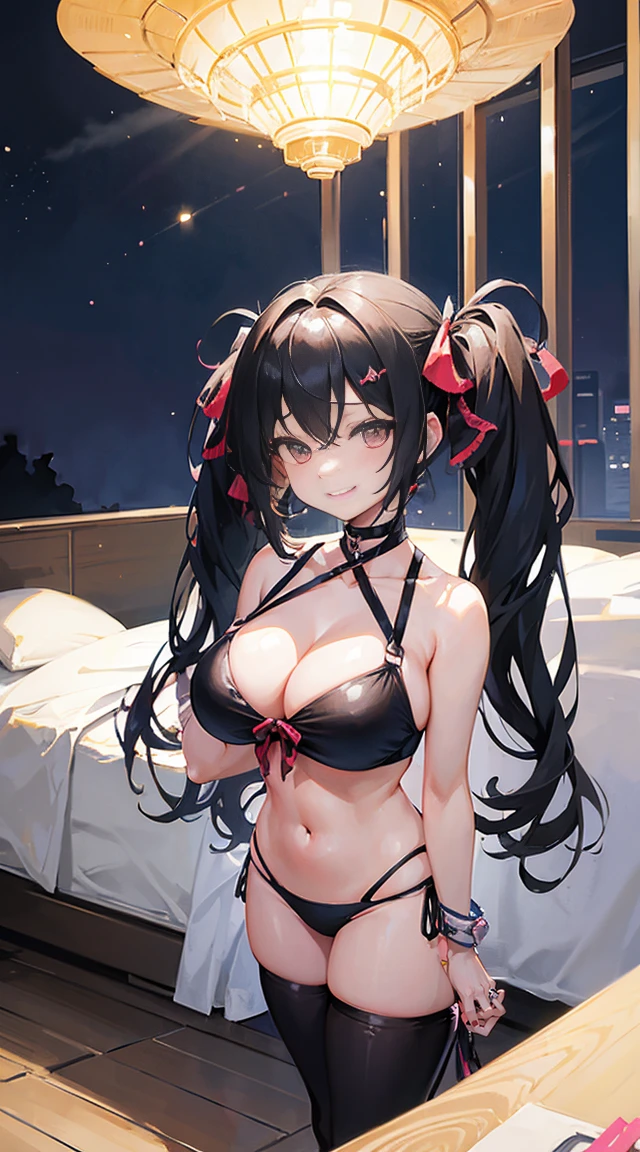 masterpiece,anime style,chibi,sexy girl,black hair,shoulder length hair with two pigtails,bikini,smiling,bigger breasts,waiting on the right side of the image,showing cleavage,full body,standing,alone,resting on the bed,