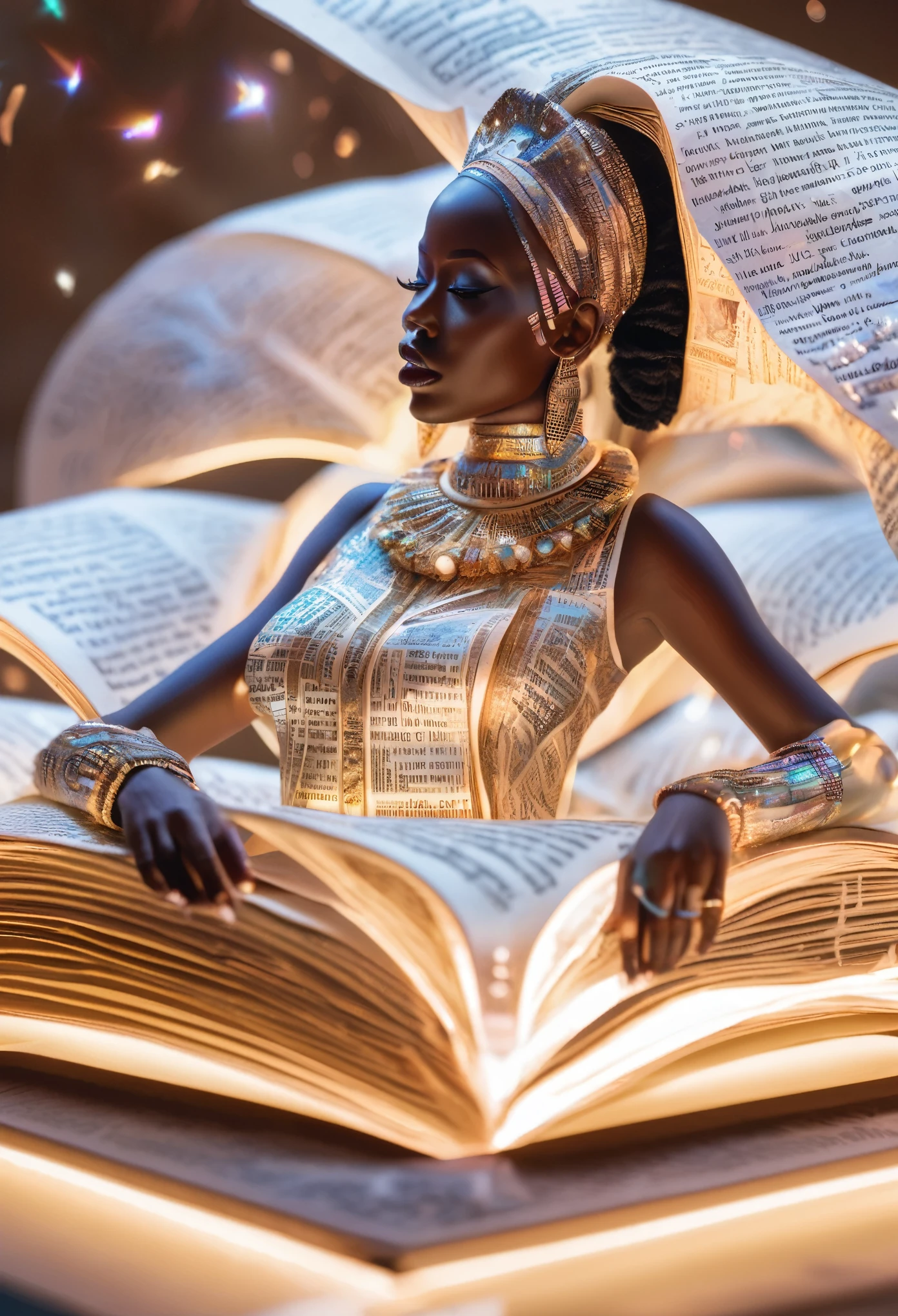 a holographic image of a miniature African woman  dressed in paper designed clothes laying on a giant open book, words in the book reflecting all over her body, the reflecting words glowing white providing a beautiful surreal imagery, the background library dim lit with focus image sharpness on the African woman laying inside an open  giant book,