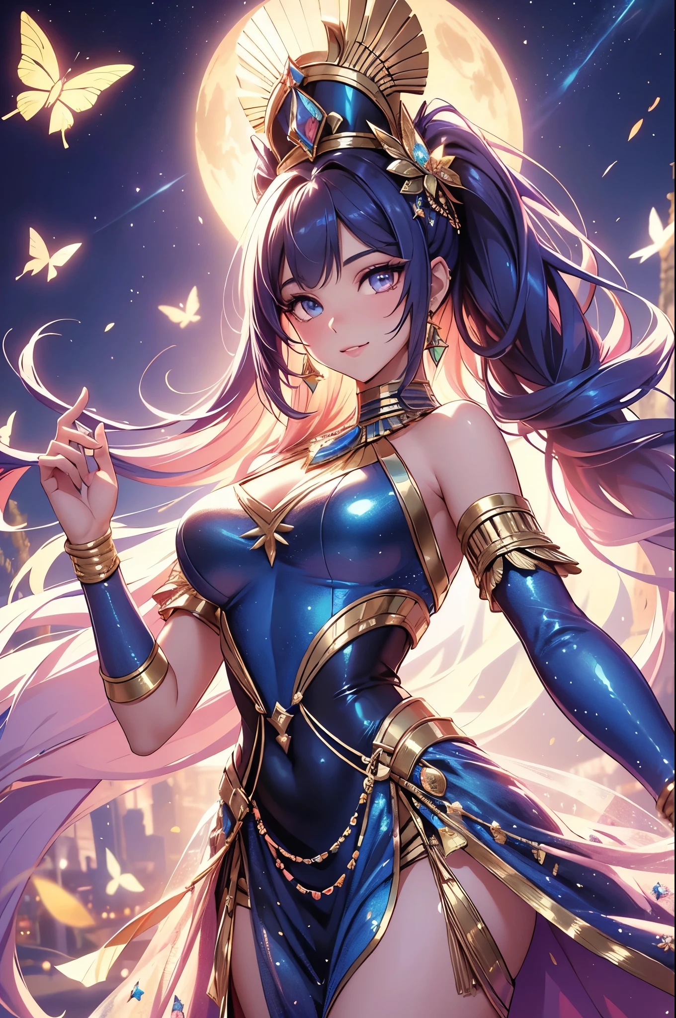 (best quality,4k,8k,highres,masterpiece:1.2),ultra-detailed,(realistic,photorealistic,photo-realistic:1.37),acrylic painting,beautiful Egyptian model in a Lolita dress with downy hair,beautiful Egyptian model with extremely colorful hair and detailed facial features,beautiful Egyptian model standing in a beautiful garden surrounded by a starry sky,beautiful Egyptian model wearing a vibrant Lolita dress,beautiful Egyptian model with intricate accessories and a matching hat,beautiful Egyptian model posing gracefully with her hands on her hips,beautiful Egyptian model with long flowing twintails,beautiful Egyptian model with bright blue eyes and rosy lips,beautiful Egyptian model with a joyful expression,beautiful Egyptian model in a dynamic pose with cherry blossoms falling around her,beautiful Egyptian model surrounded by colorful flowers and butterflies,beautiful Egyptian model's dress adorned with cute bows and lace details,beautiful Egyptian model with an enchanting smile,beautiful Egyptian model with soft, pastel-colored shading,beautiful Egyptian model with a magical glow illuminating her,beautiful Egyptian model in a picturesque setting with a winding path leading to a magnificent castle,beautiful Egyptian model holding a microphone and singing passionately,beautiful Egyptian model with a fairytale-like background,beautiful Egyptian model with a soft, dreamy atmosphere,beautiful Egyptian model with a subtle bokeh effect,beautiful Egyptian model standing under a moonlit sky,beautiful Egyptian model with a warm, golden sunset in the background,beautiful Egyptian model surrounded by twinkling stars and colorful nebulae,creating an ethereal and captivating artistic masterpiece. 