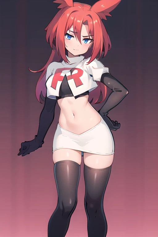 masterpiece, 1girl, levia \(trillion\), team rocket,team rocket uniform,white skirt,red letter R,crop top,black thigh-highs,black elbow gloves