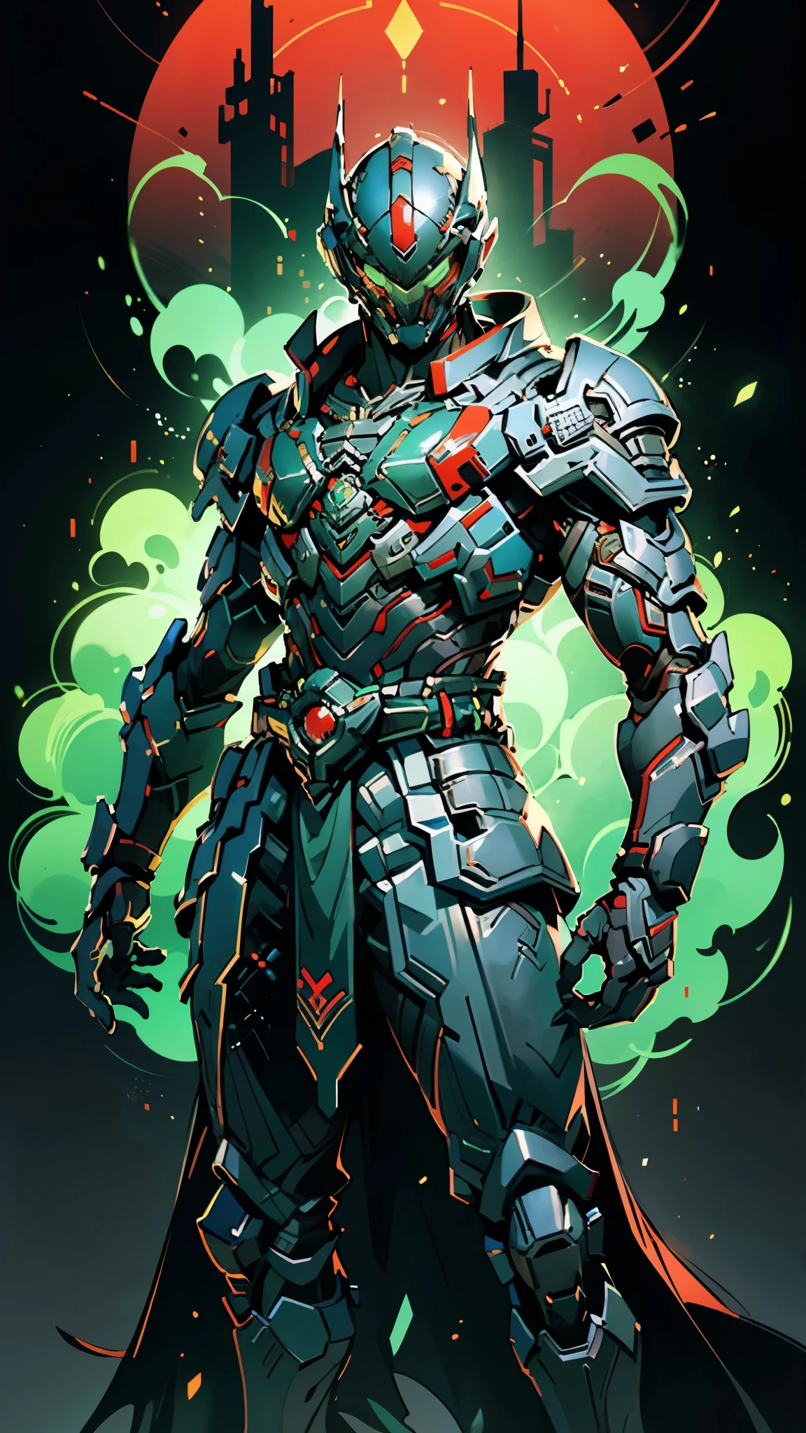 A man wearing a full-face helmet, a fantasy-style biotech armored combat suit, green eyes, (a composite layered chest armor), fully enclosed shoulder guards, matching arm and leg guards, the belt is adorned with fangs biting into orbs, (the color scheme is primarily black with red accents), the design balances heavy with agility, a high-tech bio-mecha armor, (Armor Concept Inspired by Bat, stand on the top of a skyscraper in a futuristic sci-fi city), this character embodies a finely crafted fantasy-surreal style armored hero in anime style, exquisite and mature manga art style, (element, plasma, energy, the armor glows), ((male:1.5)), metallic, real texture material, dramatic, high definition, best quality, highres, ultra-detailed, ultra-fine painting, extremely delicate, professional, perfect body proportions, golden ratio, anatomically correct, symmetrical face, extremely detailed eyes and face, high quality eyes, creativity, RAW photo, UHD, 32k, Natural light, cinematic lighting, masterpiece-anatomy-perfect, masterpiece:1.5