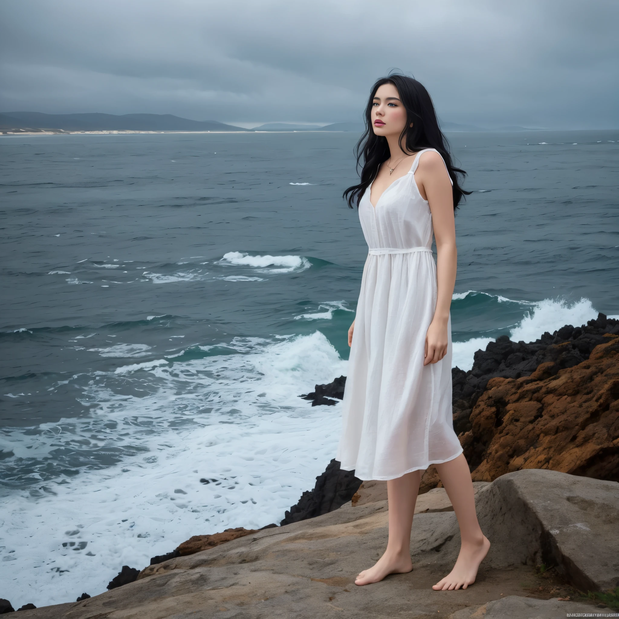 ((Masterpiece)) A Nordic woman is standing on the cliff, looking at the ocean. She has long black hair waving behind her back and sky-blue eyes. She wears a white linen dress that moves with the breeze. A highly detailed and hyper-realistic depiction of a princess in a white linen dress, wearing white panties, Realistic hands. ((full body)), mybeauties, The perspective is from below. ((Full body, bare feet)). The character is surrounded by mist, evoking a mysterious and eerie atmosphere. The lighting is dark and atmospheric, with a red smoke adding a touch of sinister ambiance. The image is of the best quality, with a resolution of 4k and HDR enhancement, showcasing the utmost level of detail and realism, sfw, full body shot. [[The perspective is from below]]