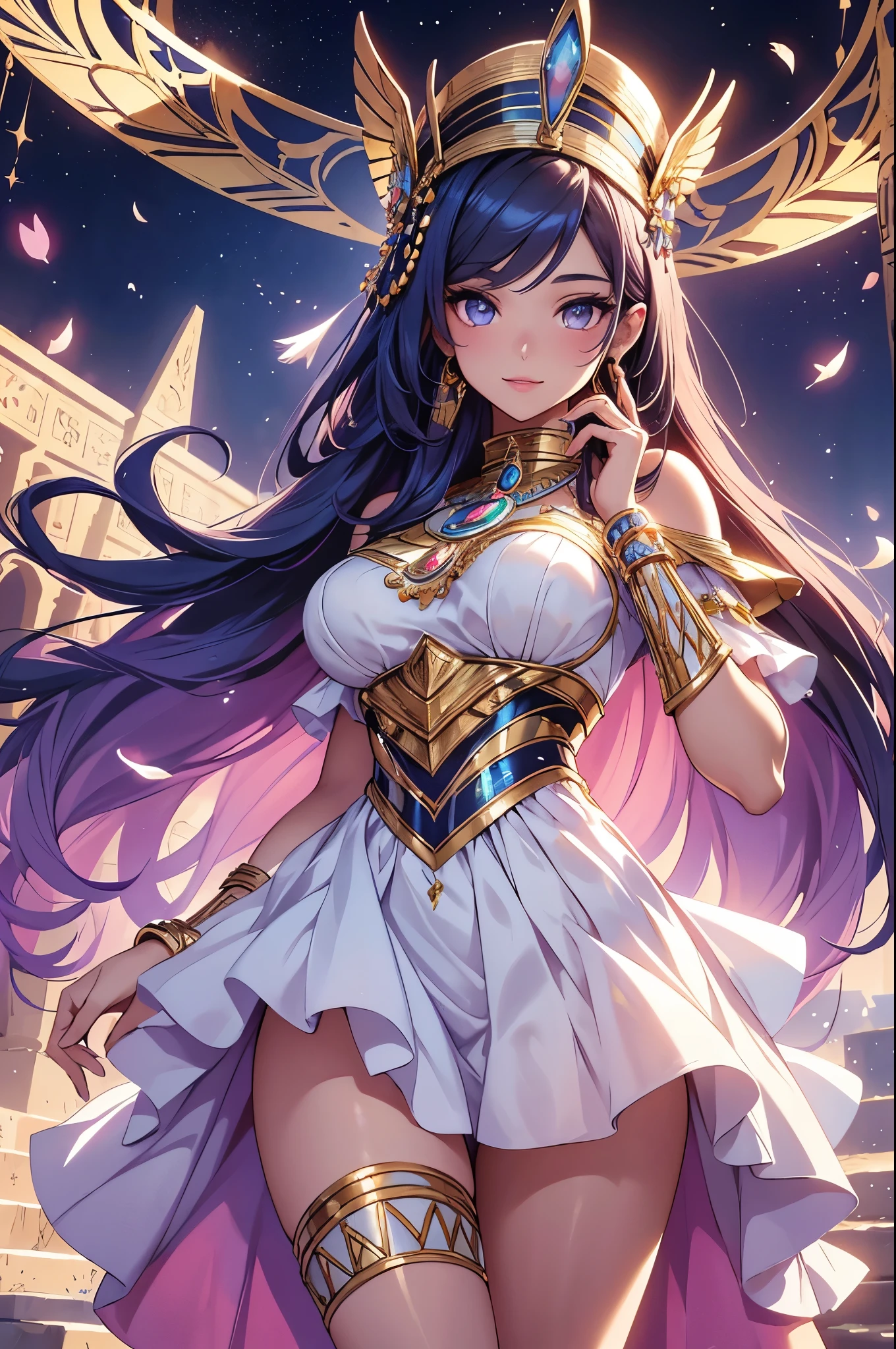 (best quality,4k,8k,highres,masterpiece:1.2),ultra-detailed,(realistic,photorealistic,photo-realistic:1.37),acrylic painting,beautiful Egyptian model in a ta dress with downy hair,beautiful Egyptian model with extremely colorful hair and detailed facial features,beautiful Egyptian model standing in a beautiful garden surrounded by a starry sky,beautiful Egyptian model wearing a vibrant Loliress,beautiful Egyptian model with intricate accessories and a matching hat,beautiful Egyptian model posing gracefully with her hands on her hips,beautiful Egyptian model with long flowing twintails,beautiful Egyptian model with bright blue eyes and rosy lips,beautiful Egyptian model with a joyful expression,beautiful Egyptian model in a dynamic pose with cherry blossoms falling around her,beautiful Egyptian model surrounded by colorful flowers and butterflies,beautiful Egyptian model's dress adorned with cute bows and lace details,beautiful Egyptian model with an enchanting smile,beautiful Egyptian model with soft, pastel-colored shading,beautiful Egyptian model with a magical glow illuminating her,beautiful Egyptian model in a picturesque setting with a winding path leading to a magnificent castle,beautiful Egyptian model holding a microphone and singing passionately,beautiful Egyptian model with a fairytale-like background,beautiful Egyptian model with a soft, dreamy atmosphere,beautiful Egyptian model with a subtle bokeh effect,beautiful Egyptian model standing under a moonlit sky,beautiful Egyptian model with a warm, golden sunset in the background,beautiful Egyptian model surrounded by twinkling stars and colorful nebulae,creating an ethereal and captivating artistic masterpiece.