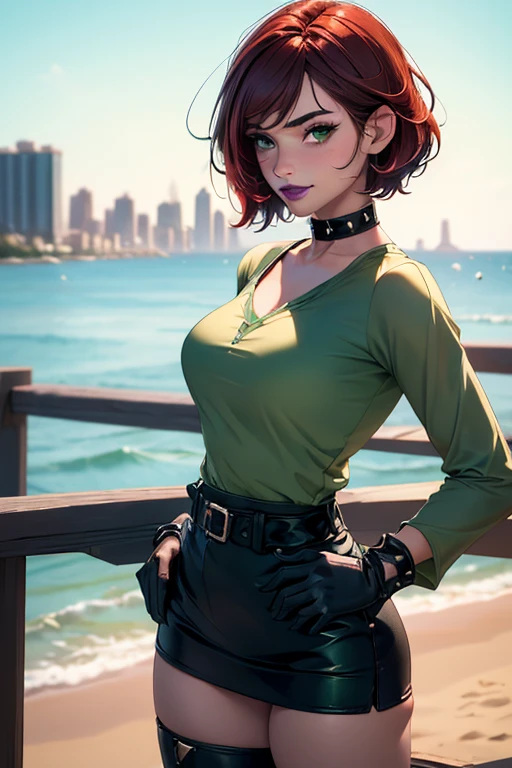 Masterpiece, beautiful art, professional artist, 8k, very detailed face, very detailed hair, 1girl, Rogue (RogueXME, short hair, two-tone hair, (red hair), (white bangs), green eyes, purple makeup, purple lipstick, medium breasts, smiling, choker, studded collar, ((tight green shirt)), miniskirt, leather skirt, gloves, boots), walking on the Santa Monica pier, hot, horny, aroused, blushing, thinking of her girlfriend, missing her lover, no labels, no branding, perfectly drawn body, beautiful face, very detailed eyes, rosey cheeks, intricate details in eyes, perfect fit body, beautiful body, extremely detailed, intricate details, highly detailed, sharp focus, detailed skin, realistic skin texture, texture, detailed eyes, high resolution, kodak vision color, foto_\(ultra\), post-processing, maximum detail, roughness, real life, ultra realistic, photorealism, photography, absurdres, RAW photo, highest quality, high detail RAW color photo, professional photo, extremely detailed UHD 8k wallpaper unit, best quality, highres, (masterpiece, top quality, high resolution:1.4), photo, cinematic, film grain, sharp, soft natural light, magic photography, super detailed