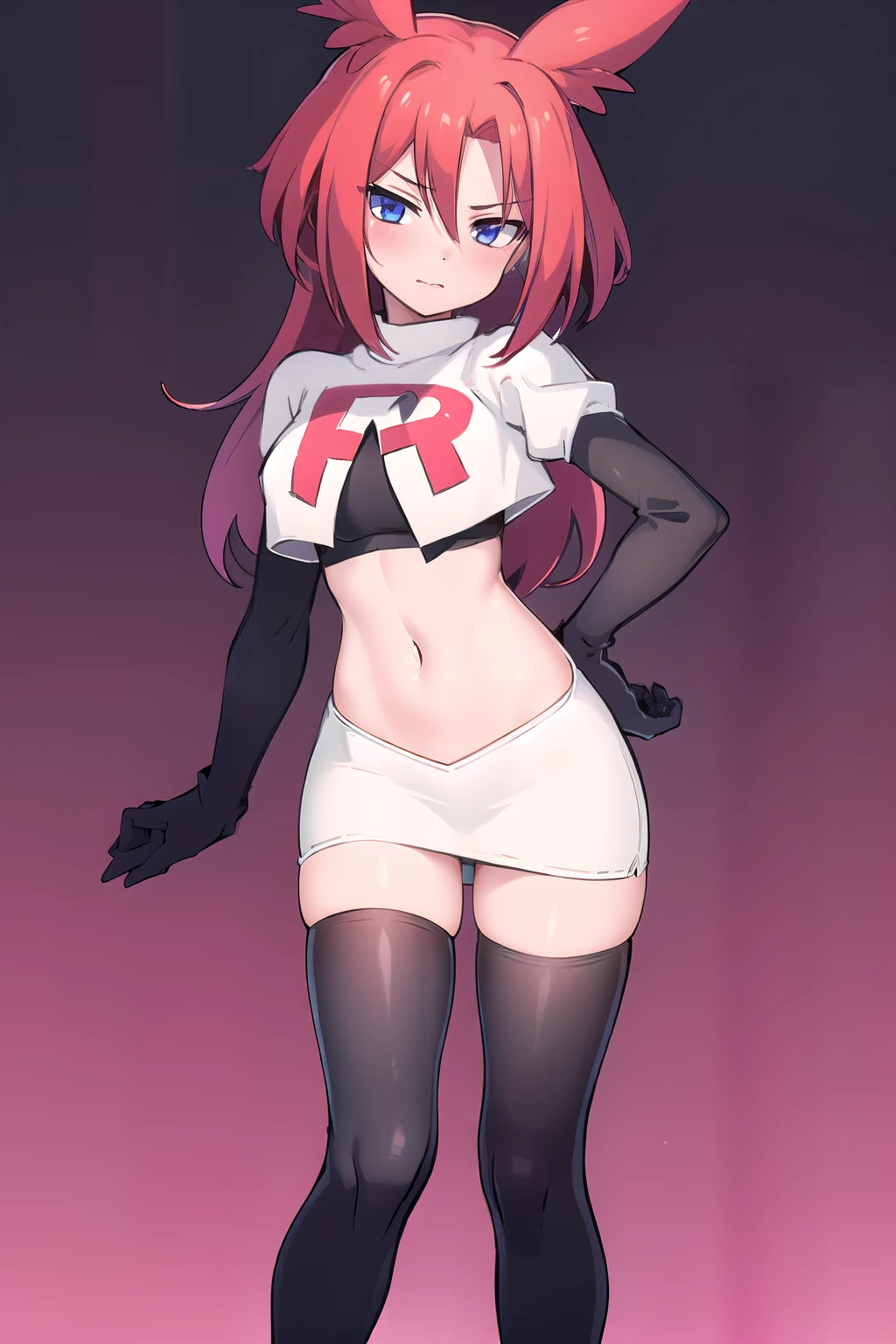 masterpiece, 1girl, levia \(trillion\), team rocket,team rocket uniform,white skirt,red letter R,crop top,black thigh-highs,black elbow gloves