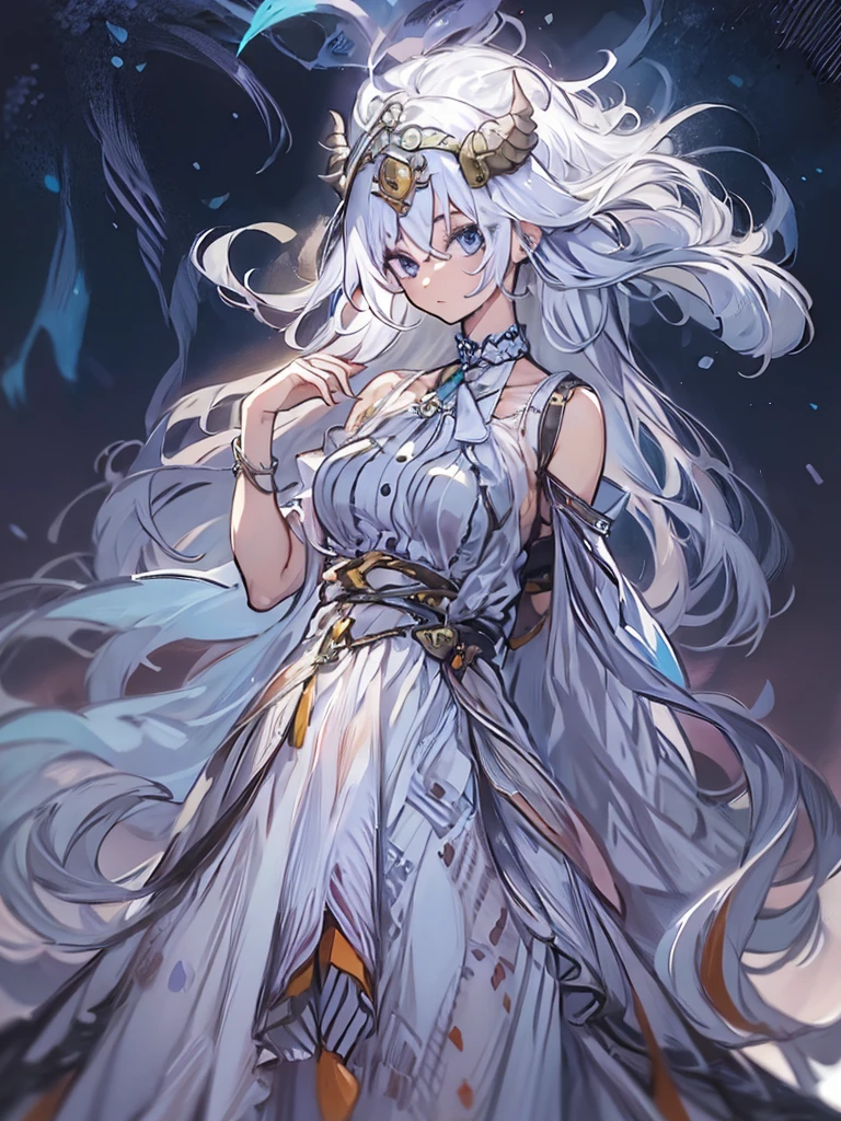 ((masterpiece)), ((bestquality)), 1 girl, solo, a 15-year-old girl, white hair, blue eyes, detailed face, dragonian_head, dragonian_body, dragonian_hairstyle, dragonian_horns, dragonian_tail, one white tail, white long dress, black choker, ((circlet on head)), bangs, volcano, red sky, meteor_shower, full body shot