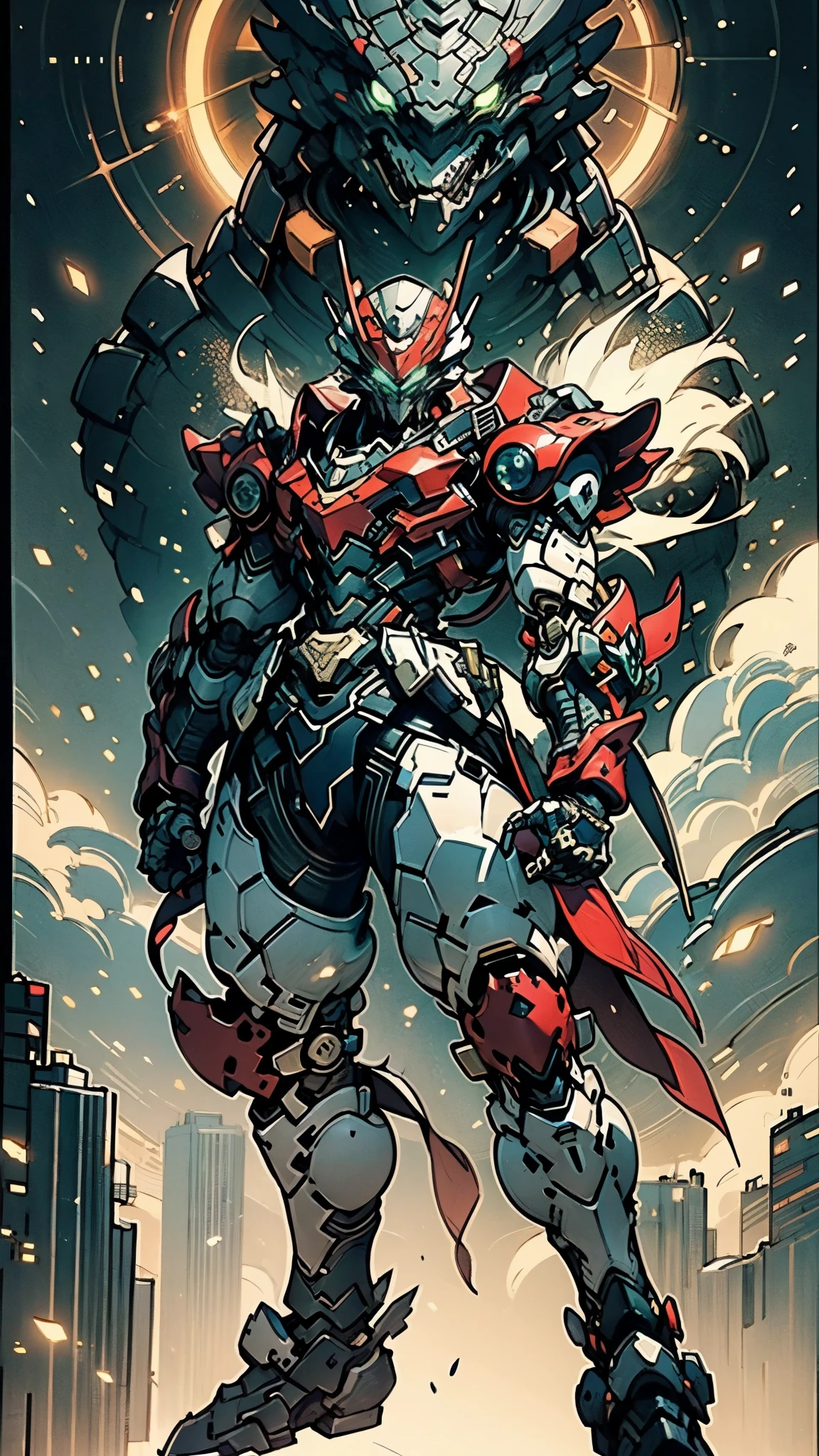 A man wearing a full-face helmet, a fantasy-style biotech armored combat suit, green eyes, (a composite layered chest armor), fully enclosed shoulder guards, matching arm and leg guards, the belt is adorned with fangs biting into gem, (the color scheme is primarily black with red accents), the design balances heavy with agility, a high-tech bio-mecha armor, (Armor Concept Inspired by Godzilla, stand on the top of a skyscraper in a futuristic sci-fi city), this character embodies a finely crafted fantasy-surreal style armored hero in anime style, exquisite and mature manga art style, (element, plasma, energy, the armor glows), ((male:1.5)), metallic, real texture material, dramatic, high definition, best quality, highres, ultra-detailed, ultra-fine painting, extremely delicate, professional, perfect body proportions, golden ratio, anatomically correct, symmetrical face, extremely detailed eyes and face, high quality eyes, creativity, RAW photo, UHD, 32k, Natural light, cinematic lighting, masterpiece-anatomy-perfect, masterpiece:1.5