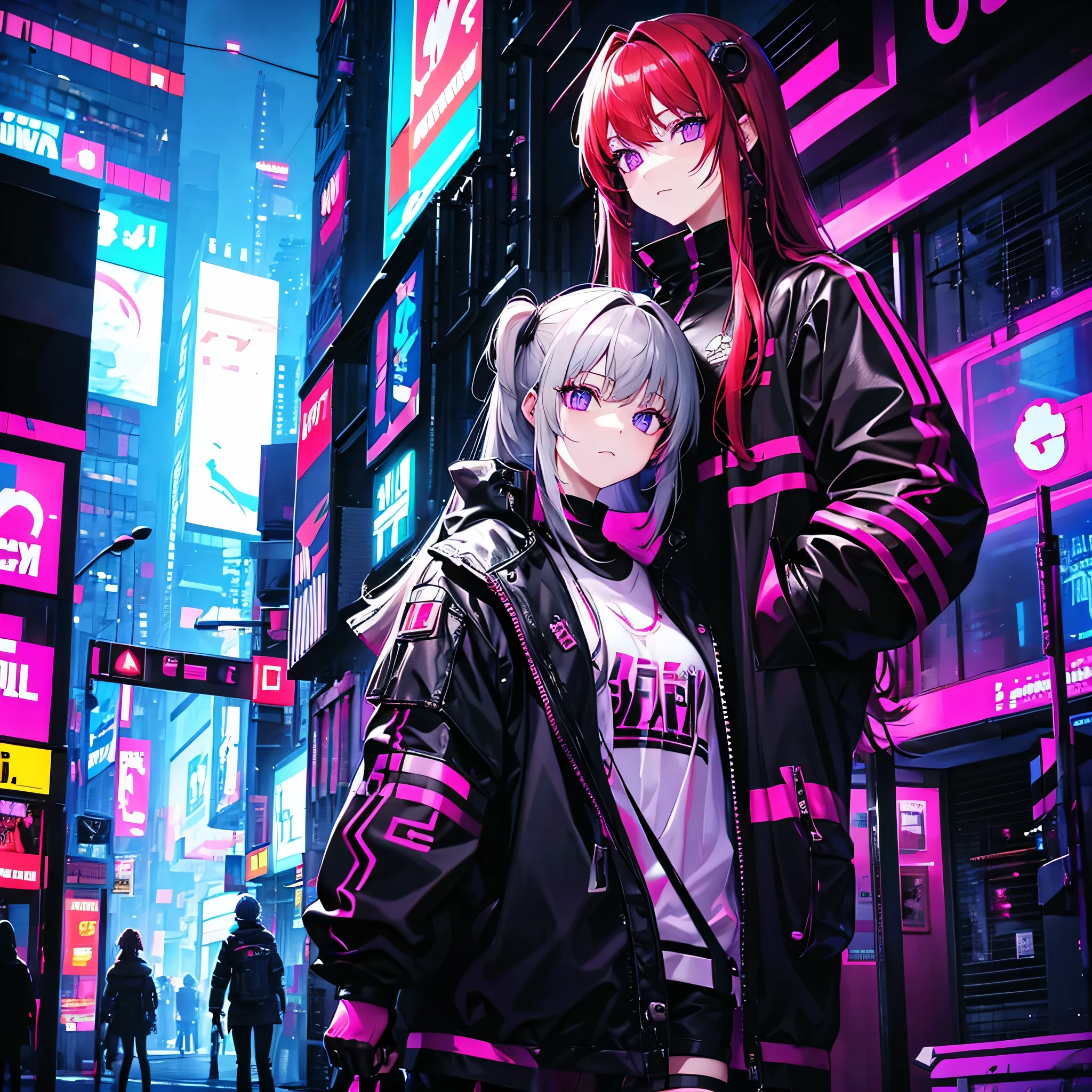 Cyberpunk, neon eyes, two Red-haired sisters with gray or purple eyes