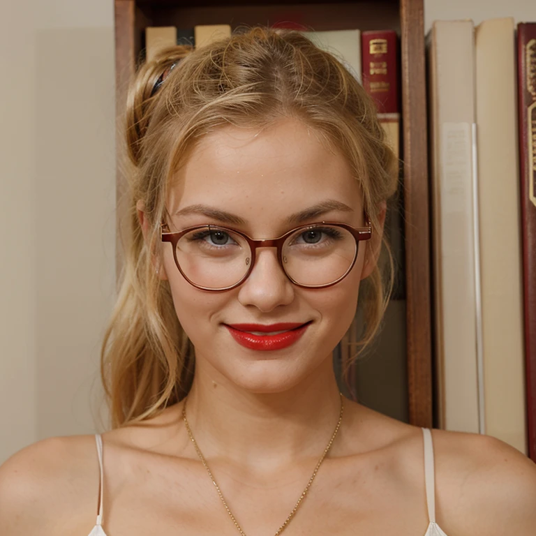 Blond librarian, sexy, 18 years ,hair in a bun with loose strands for the face, stockings, glasses, smile, red lips
