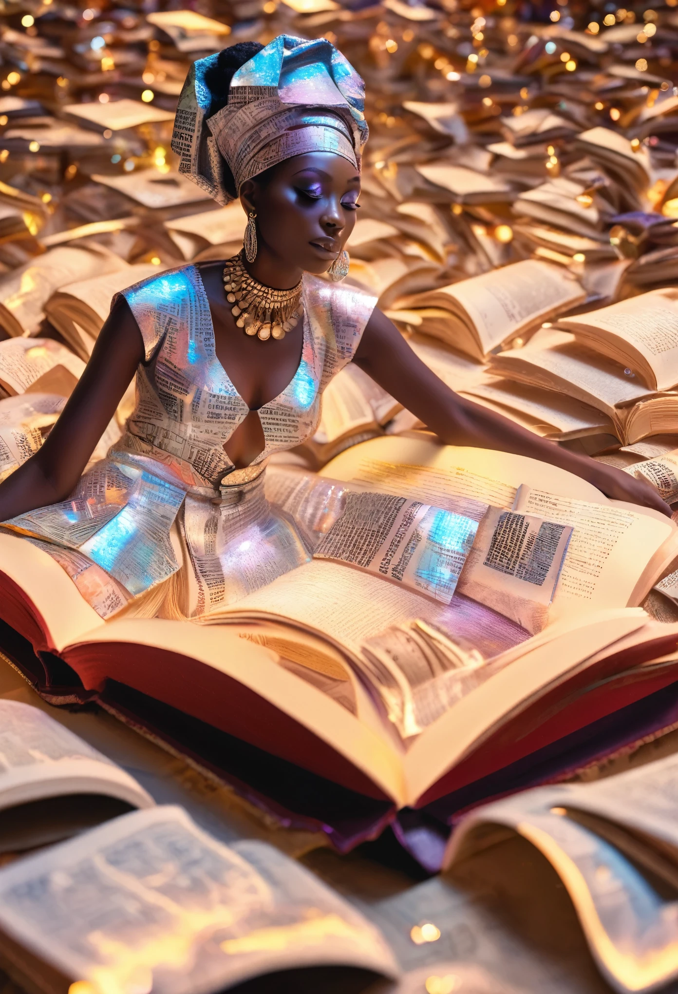 a holographic image of a miniature African woman  dressed in paper designed clothes laying on a giant open book, words in the book reflecting all over her body, the reflecting words glowing white providing a beautiful surreal imagery, the background library dim lit with focus image sharpness on the African woman laying inside an open  giant book,