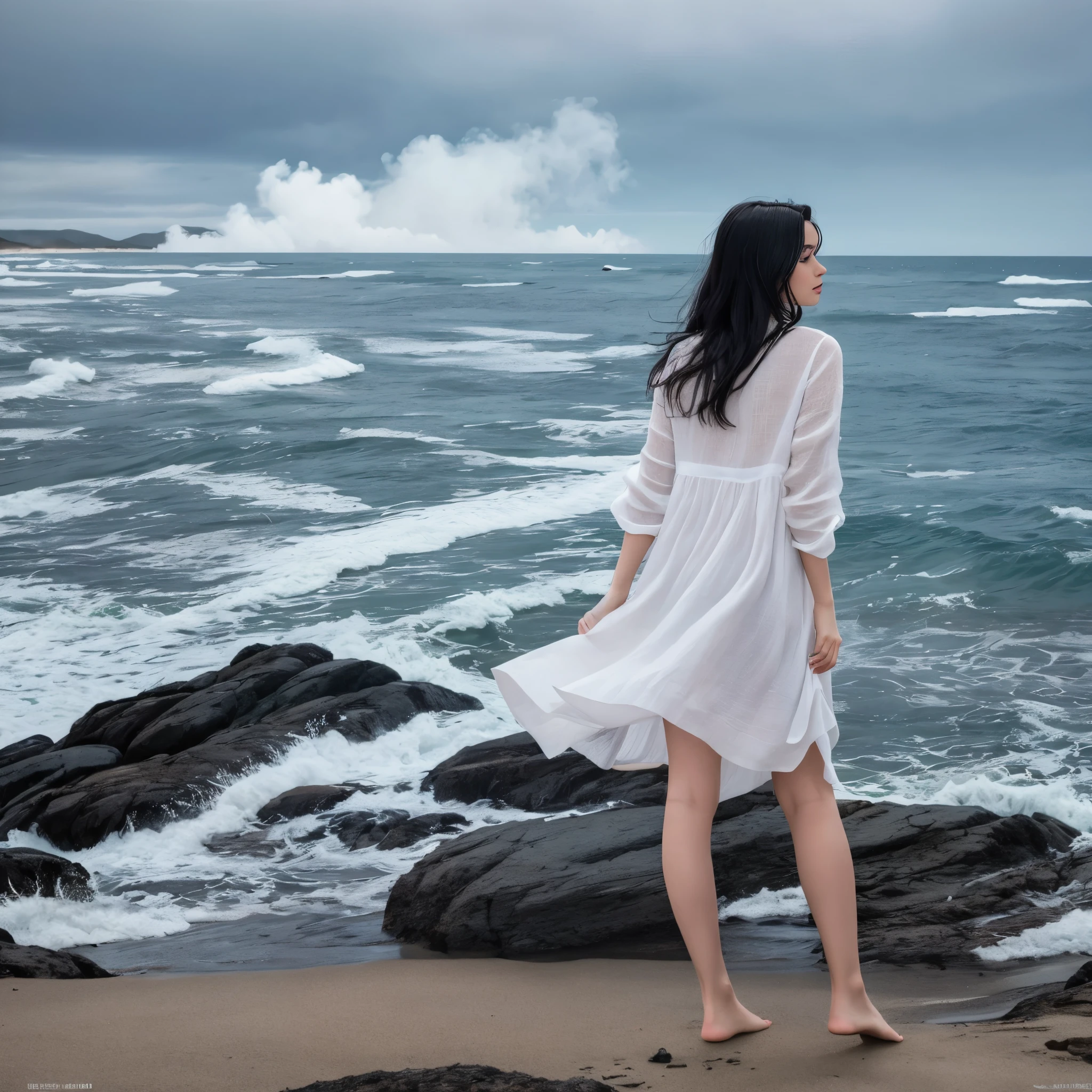 ((Masterpiece)) A Nordic woman is standing on the cliff, looking at the ocean. She has long black hair waving behind her back and sky-blue eyes. She wears a white linen dress that moves with the breeze. A highly detailed and hyper-realistic depiction of a princess in a white linen dress, wearing white panties, Realistic hands. ((full body)), mybeauties, The perspective is from below. ((Full body, bare feet)). The character is surrounded by mist, evoking a mysterious and eerie atmosphere. The lighting is dark and atmospheric, with a red smoke adding a touch of sinister ambiance. The image is of the best quality, with a resolution of 4k and HDR enhancement, showcasing the utmost level of detail and realism, sfw, full body shot. [[The perspective is from below]]