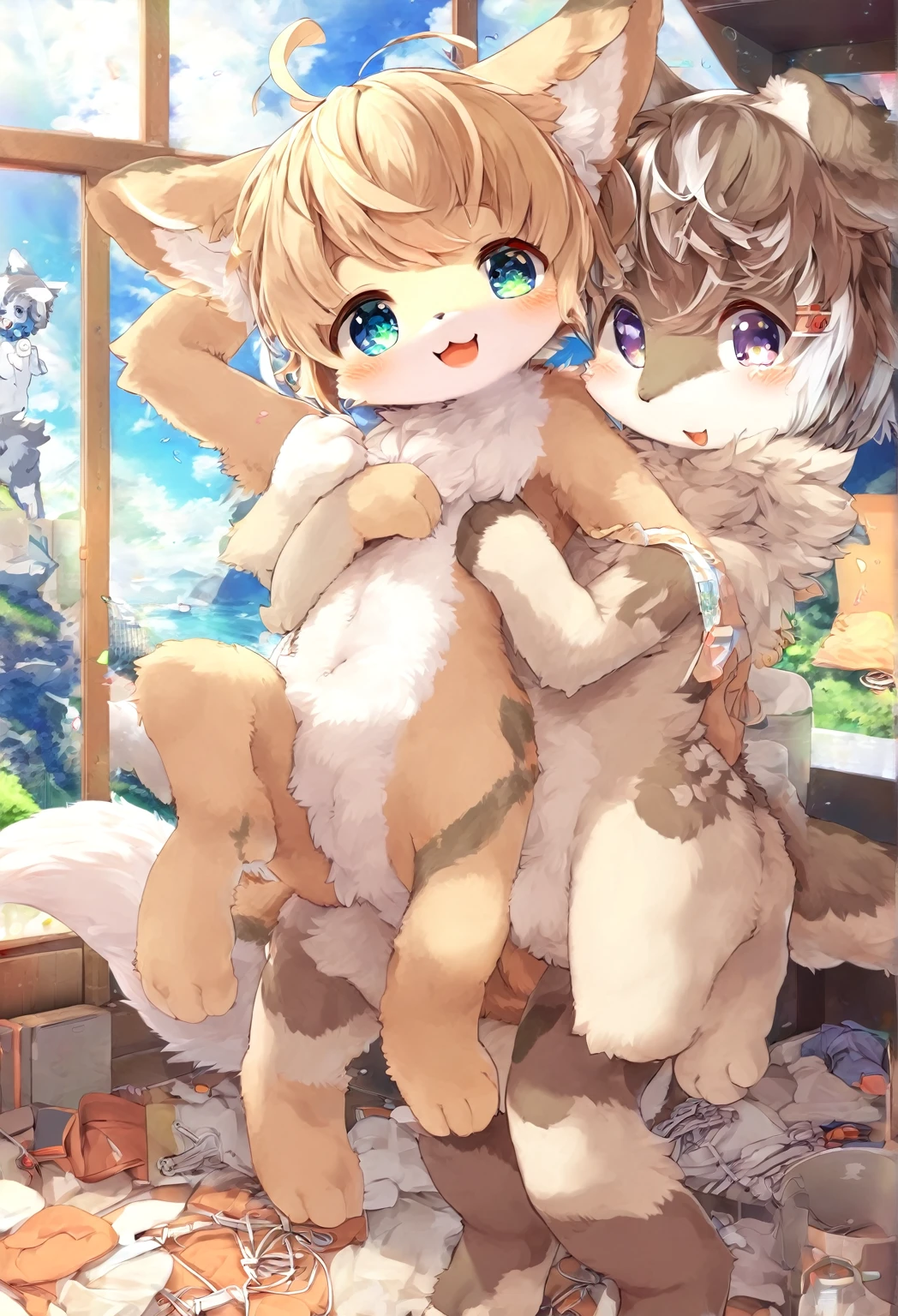 Ultra-high resolution, Detailed Background,  boy, girl, Happy, Joyful, Disorganized(kemono, Furry Personification),　Naked　Naked　Completely naked　Covered entirely in fur　Animal body types　Animal skeleton　Sexy　Adorable，Pure，　No shame　having mating　Nipples　Young，，Barely　Fully visible　male，Scalpel，genitals，