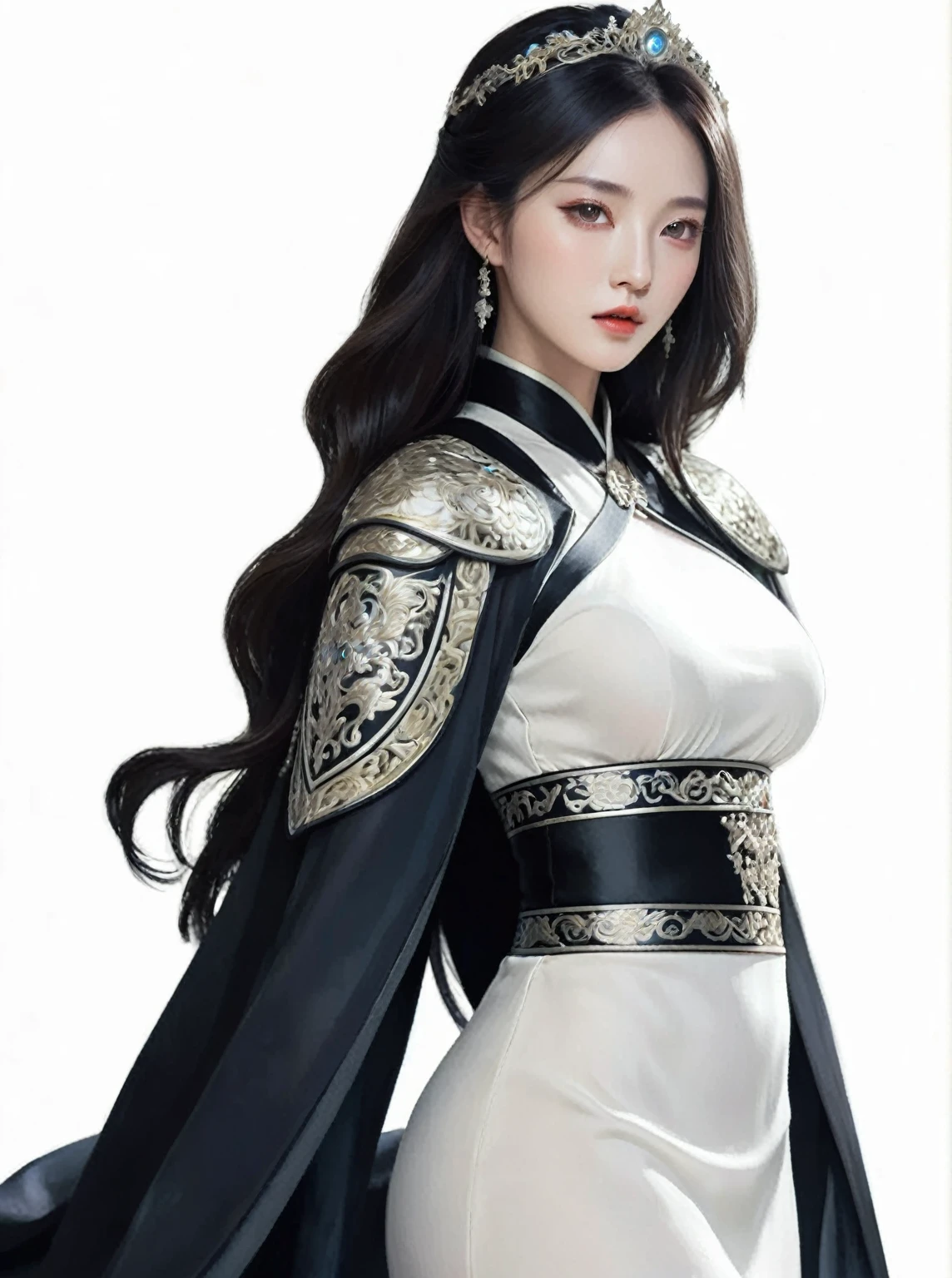 Close up of woman wearing white dress and black cape, full body xianxia, beautiful fantasy empress, by 양J, beautiful character drawings, Highly detailed characters, amazing character art, Epic and exquisite character art, ((beautiful fantasy empress)), Very detailed and rich costumes, Inspired by Woobin, G Liulian Art Style, Eyes are a little bigger and more beautiful