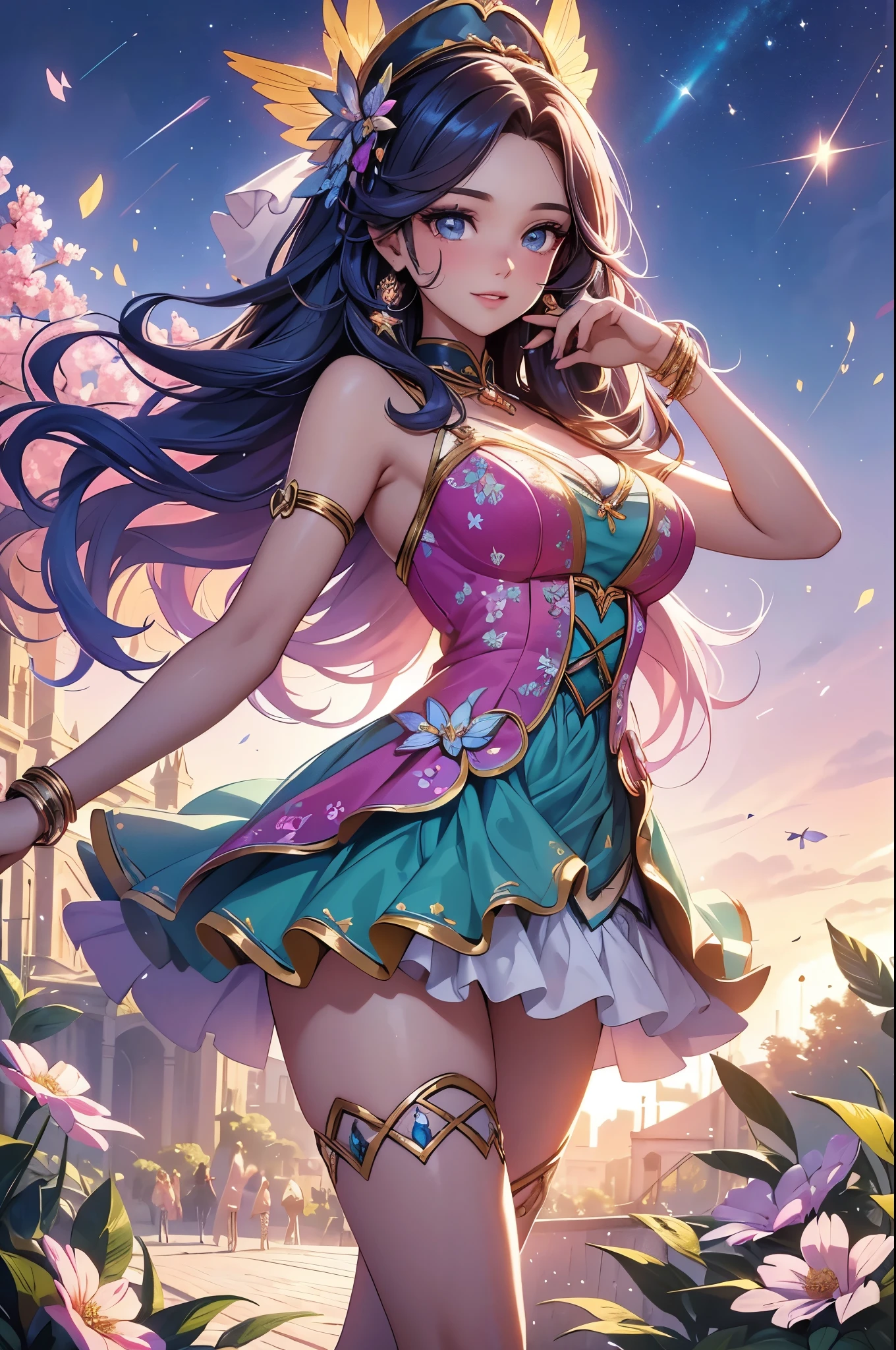 (best quality,4k,8k,highres,masterpiece:1.2),ultra-detailed,(realistic,photorealistic,photo-realistic:1.37),acrylic painting,beautiful Brazilian model in a dress with downy hair,beautiful Brazilian model with extremely colorful hair and detailed facialres,beautiful Brazilian model standing in a beautiful garden surrounded by a starry sky,beautiful Brazilian model wearing a vibrant Lolita dressiful Brazilian model with intricate accessories and a matching hat,beautiful Brazilian model posing gracefully with her hands on her hips,beautiful Brazilian model with long flowing twintails,beautiful Brazilian model with bright blue eyes and rosy lips,beautiful Brazilian model with a joyful expression,beautiful Brazilian model in a dynamic pose with cherry blossoms falling around her,beautiful Brazilian model surrounded by colorful flowers and butterflies,beautiBrazilian model's dress adorned with cute bows and lace details,beautiful Brazilian model with an enchanting smile,beautiful Brazilian model with soft, pastel-colored shading,beautiful Brazilian model with a magical glow illuminating her,beautiful Brazilian model in a picturesque setting with a winding path leading to a magnificent castle,beautiful Brazilian model holding a microphone and singing passionately,beautiful Brazilian model with a fairytale-like background,beautiful Brazilian model with a soft, dreamy atmosphere,beautiful Brazilian model with a subtle bokeh effect,beautiful Brazilian model standing under a moonlit sky,beautiful Brazilian model with a warm, golden sunset in the background,beautiful Brazilian model surrounded by twinkling stars and col nebulae,creating an ethereal and captivating artistic masterpiece.