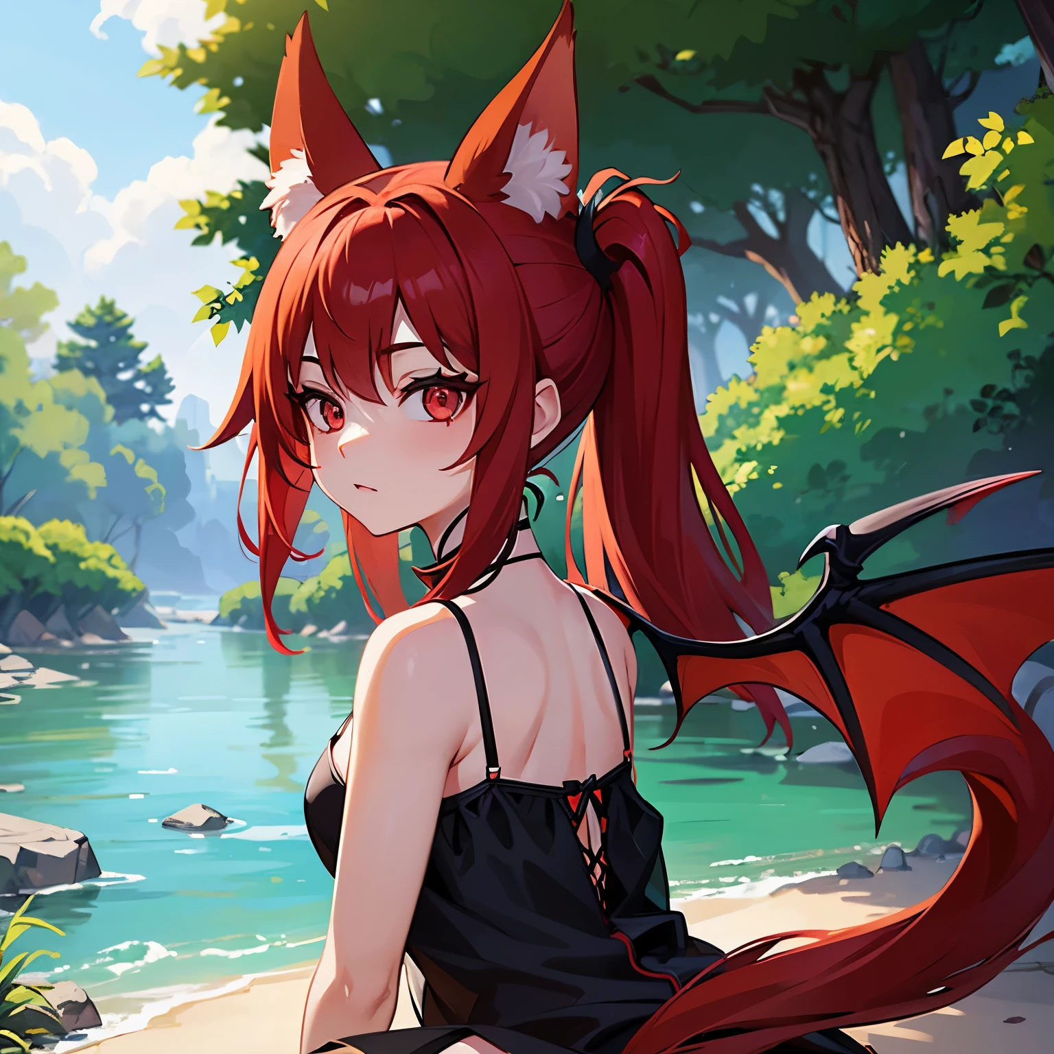 Una chica con cabello rojo y largo con ojos rojos,bat wings,tail and ears similar to that of a fox and with sexy clothes in the middle of the trees near a small river.