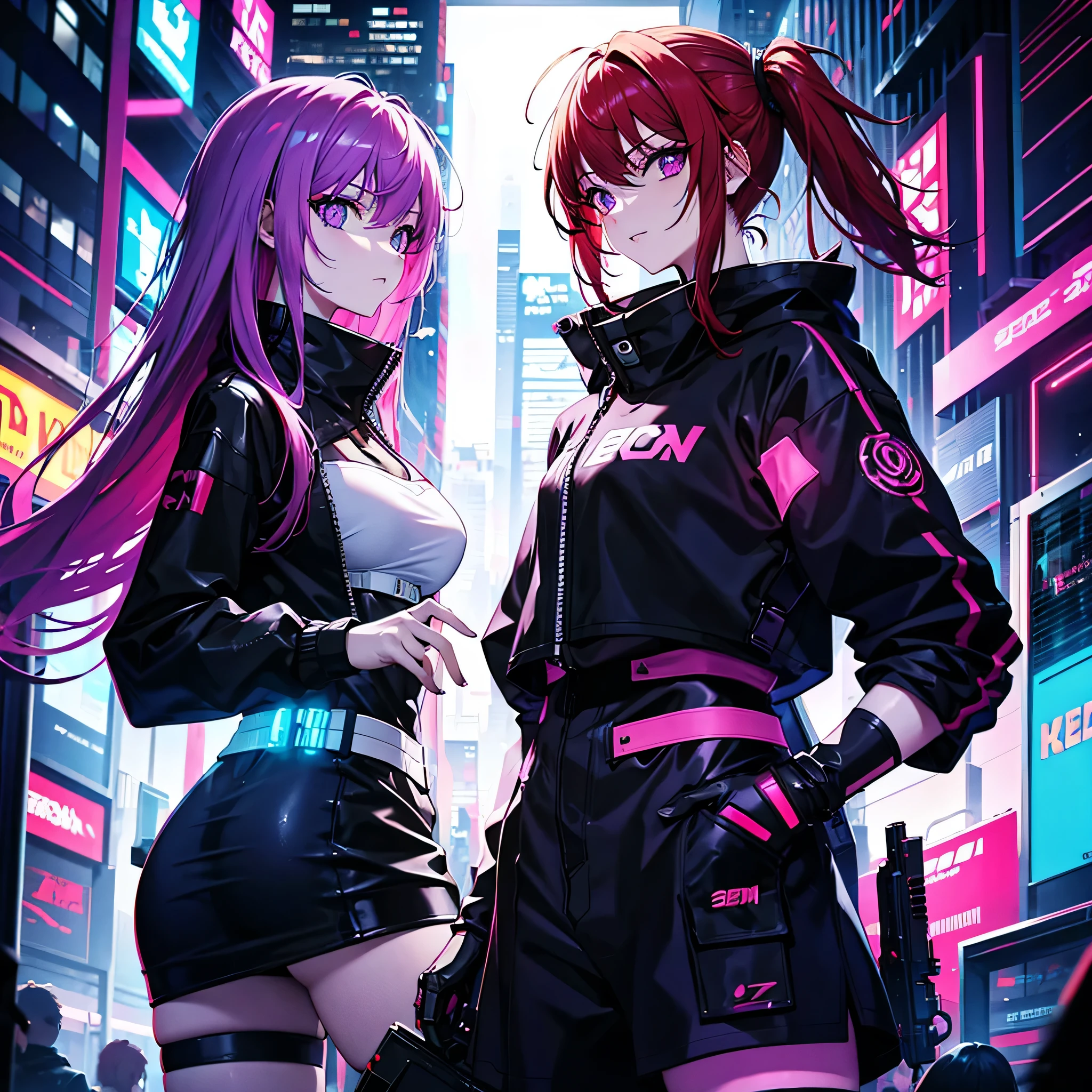 Cyberpunk, neon eyes, two Red-haired sisters with purple eyes