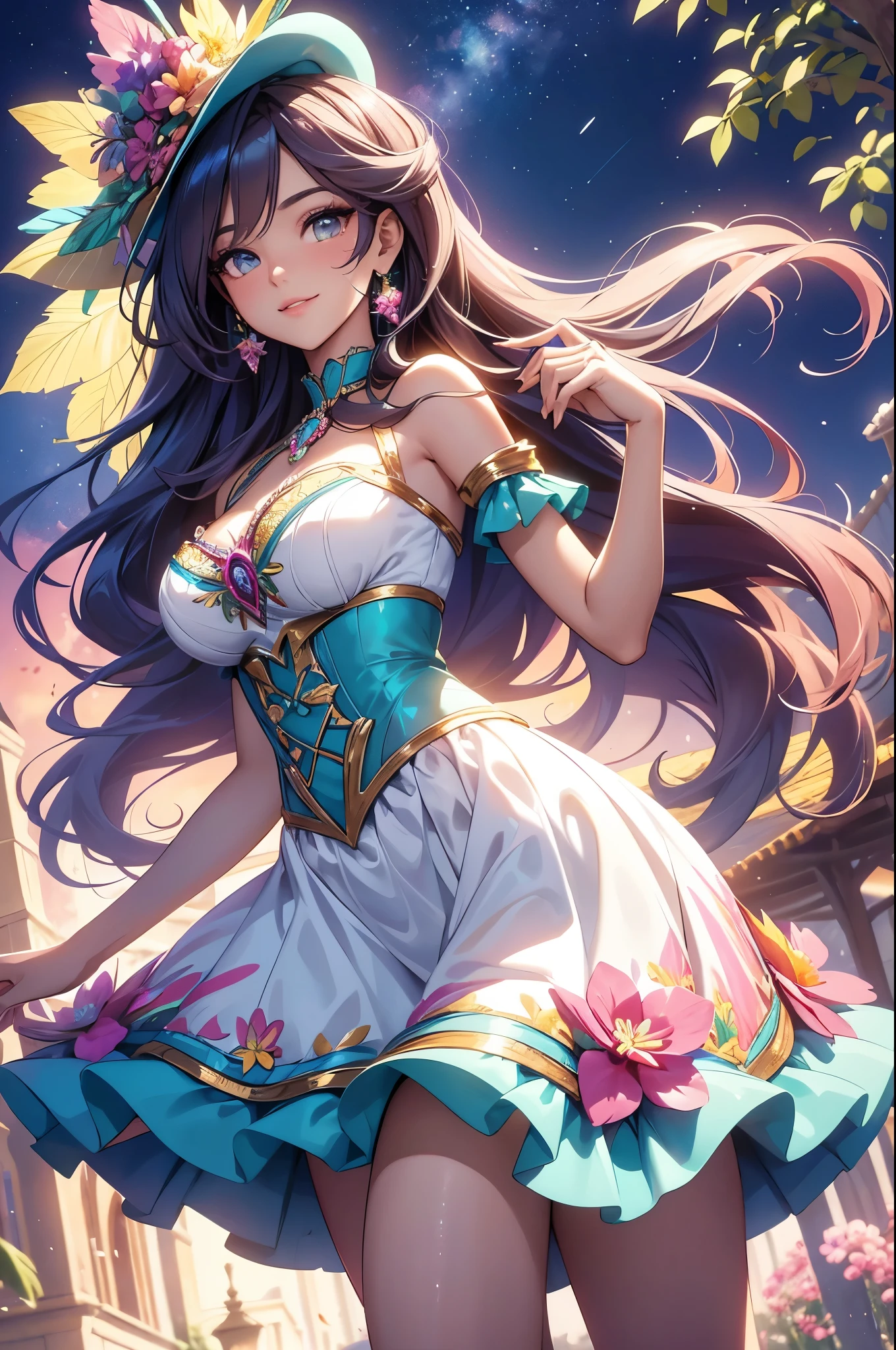 (best quality,4k,8k,highres,masterpiece:1.2),ultra-detailed,(realistic,photorealistic,photo-realistic:1.37),acrylic painting,beautiful Brazilian model in a Lolita dress with downy hair,beautiful Brazilian model with extremely colorful hair and detailed facial features,beautiful Brazilian model standing in a beautiful garden surrounded by a starry sky,beautiful Brazilian model wearing a vibrant Lolita dress,beautiful Brazilian model with intricate accessories and a matching hat,beautiful Brazilian model posing gracefully with her hands on her hips,beautiful Brazilian model with long flowing twintails,beautiful Brazilian model with bright blue eyes and rosy lips,beautiful Brazilian model with a joyful expression,beautiful Brazilian model in a dynamic pose with cherry blossoms falling around her,beautiful Brazilian model surrounded by colorful flowers and butterflies,beautiful Brazilian model's dress adorned with cute bows and lace details,beautiful Brazilian model with an enchanting smile,beautiful Brazilian model with soft, pastel-colored shading,beautiful Brazilian model with a magical glow illuminating her,beautiful Brazilian model in a picturesque setting with a winding path leading to a magnificent castle,beautiful Brazilian model holding a microphone and singing passionately,beautiful Brazilian model with a fairytale-like background,beautiful Brazilian model with a soft, dreamy atmosphere,beautiful Brazilian model with a subtle bokeh effect,beautiful Brazilian model standing under a moonlit sky,beautiful Brazilian model with a warm, golden sunset in the background,beautiful Brazilian model surrounded by twinkling stars and colorful nebulae,creating an ethereal and captivating artistic masterpiece.