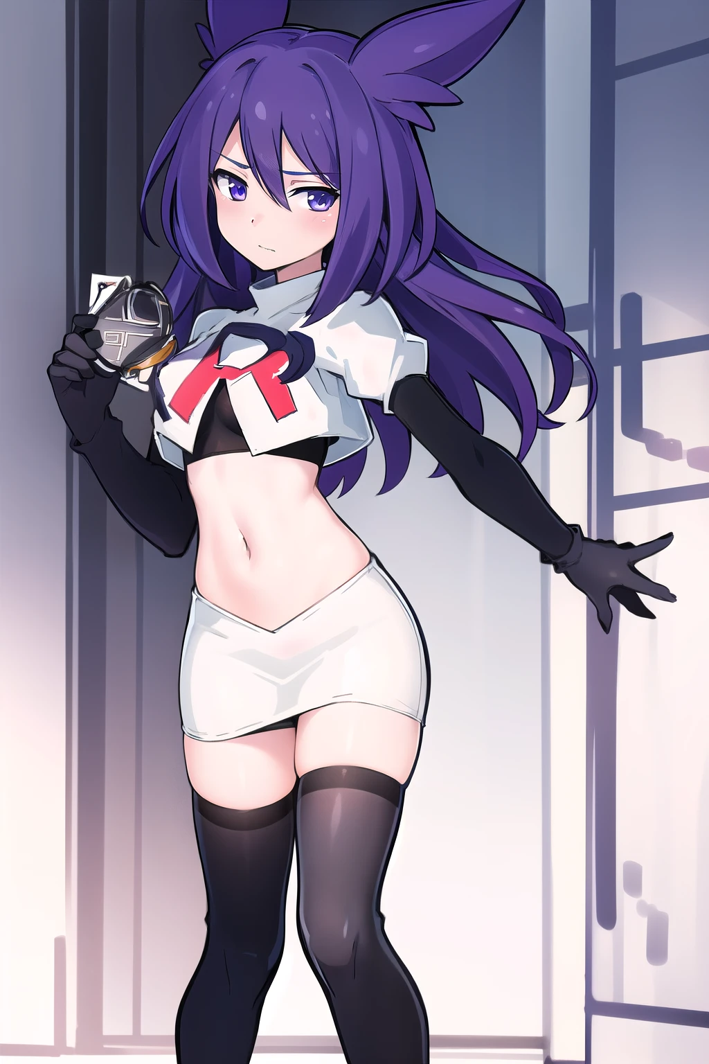 masterpiece, 1girl, levia \(trillion\), team rocket,team rocket uniform,white skirt,red letter R,crop top,black thigh-highs,black elbow gloves