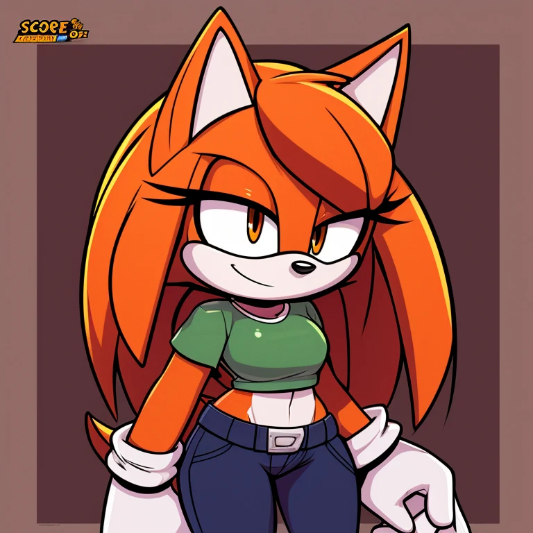 (score_9, score_8_up, 2d), 1girl, smug girl mobian, female mobian, shirt, pants, orange hair, orange fur, smug face, light brown eyes, long hair, smug, solo, (toned body).