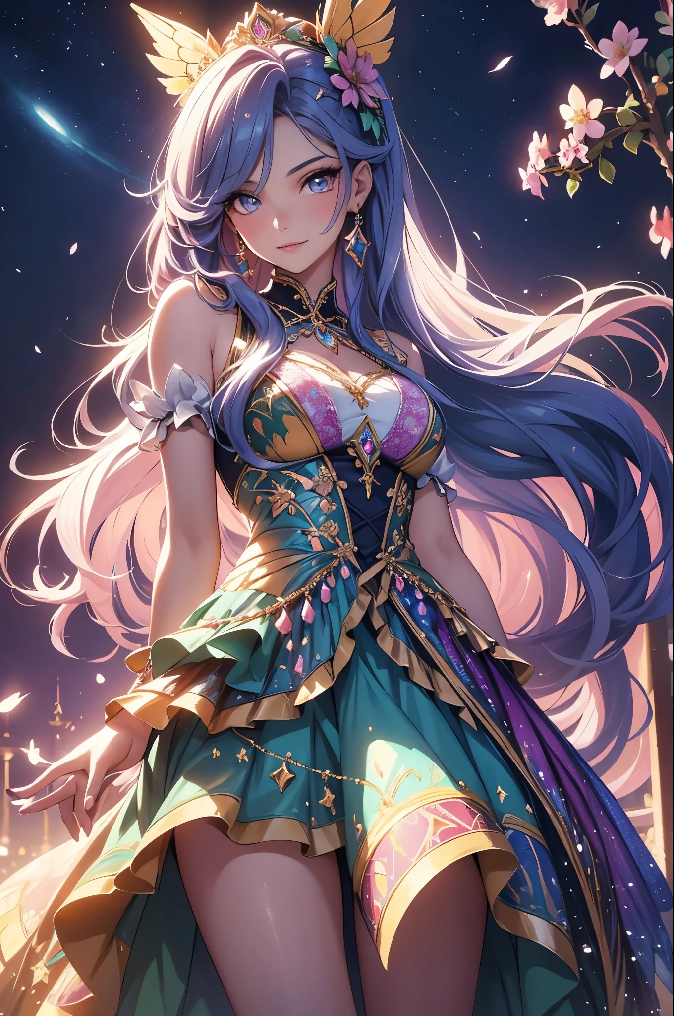 (best quality,4k,8k,highres,masterpiece:1.2),ultra-detailed,(realistic,photorealistic,photo-realistic:1.37),acrylic painting,beautiful Brazilian model in a Lolita dress with downy hair,beautiful Brazilian model with extremely colorful hair and detailed facial features,beautiful Brazilian model standing in a beautiful garden surrounded by a starry sky,beautiful Brazilian model wearing a vibrant Lolita dress,beautiful Brazilian model with intricate accessories and a matching hat,beautiful Brazilian model posing gracefully with her hands on her hips,beautiful Brazilian model with long flowing twintails,beautiful Brazilian model with bright blue eyes and rosy lips,beautiful Brazilian model with a joyful expression,beautiful Brazilian model in a dynamic pose with cherry blossoms falling around her,beautiful Brazilian model surrounded by colorful flowers and butterflies,beautiful Brazilian model's dress adorned with cute bows and lace details,beautiful Brazilian model with an enchanting smile,beautiful Brazilian model with soft, pastel-colored shading,beautiful Brazilian model with a magical glow illuminating her,beautiful Brazilian model in a picturesque setting with a winding path leading to a magnificent castle,beautiful Brazilian model holding a microphone and singing passionately,beautiful Brazilian model with a fairytale-like background,beautiful Brazilian model with a soft, dreamy atmosphere,beautiful Brazilian model with a subtle bokeh effect,beautiful Brazilian model standing under a moonlit sky,beautiful Brazilian model with a warm, golden sunset in the background,beautiful Brazilian model surrounded by twinkling stars and colorful nebulae,creating an ethereal and captivating artistic masterpiece.