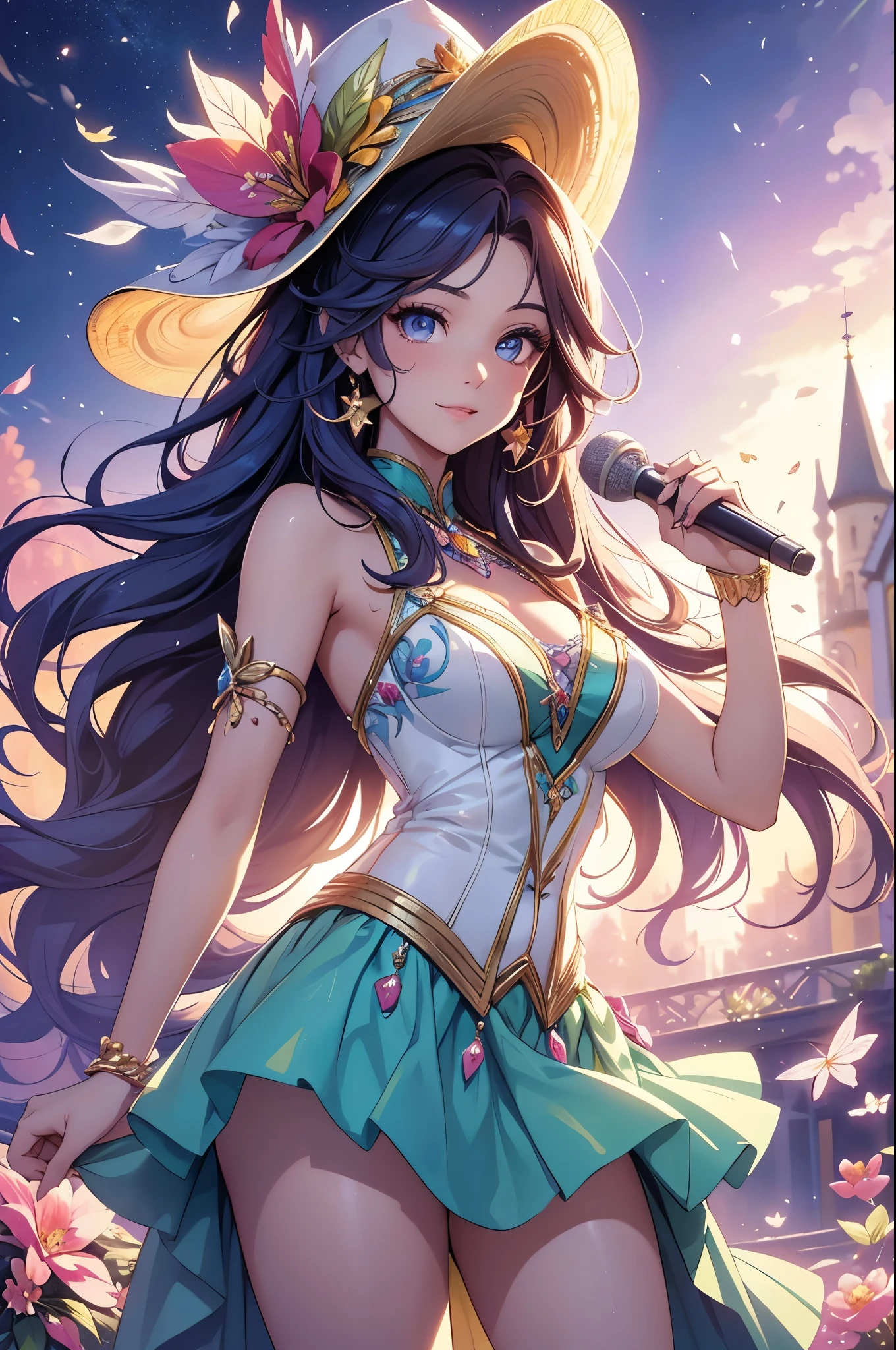 (best quality,4k,8k,highres,masterpiece:1.2),ultra-detailed,(realistic,photorealistic,photo-realistic:1.37),acrylic painting,beautiful Brazilian model in a Lolita dress with downy hair,beautiful Brazilian model with extremely colorful hair and detailed facial features,beautiful Brazilian model standing in a beautiful garden surrounded by a starry sky,beautiful Brazilian model wearing a vibrant Lolita dress,beautiful Brazilian model with intricate accessories and a matching hat,beautiful Brazilian model posing gracefully with her hands on her hips,beautiful Brazilian model with long flowing twintails,beautiful Brazilian model with bright blue eyes and rosy lips,beautiful Brazilian model with a joyful expression,beautiful Brazilian model in a dynamic pose with cherry blossoms falling around her,beautiful Brazilian model surrounded by colorful flowers and butterflies,beautiful Brazilian model's dress adorned with cute bows and lace details,beautiful Brazilian model with an enchanting smile,beautiful Brazilian model with soft, pastel-colored shading,beautiful Brazilian model with a magical glow illuminating her,beautiful Brazilian model in a picturesque setting with a winding path leading to a magnificent castle,beautiful Brazilian model holding a microphone and singing passionately,beautiful Brazilian model with a fairytale-like background,beautiful Brazilian model with a soft, dreamy atmosphere,beautiful Brazilian model with a subtle bokeh effect,beautiful Brazilian model standing under a moonlit sky,beautiful Brazilian model with a warm, golden sunset in the background,beautiful Brazilian model surrounded by twinkling stars and colorful nebulae,creating an ethereal and captivating artistic masterpiece. 