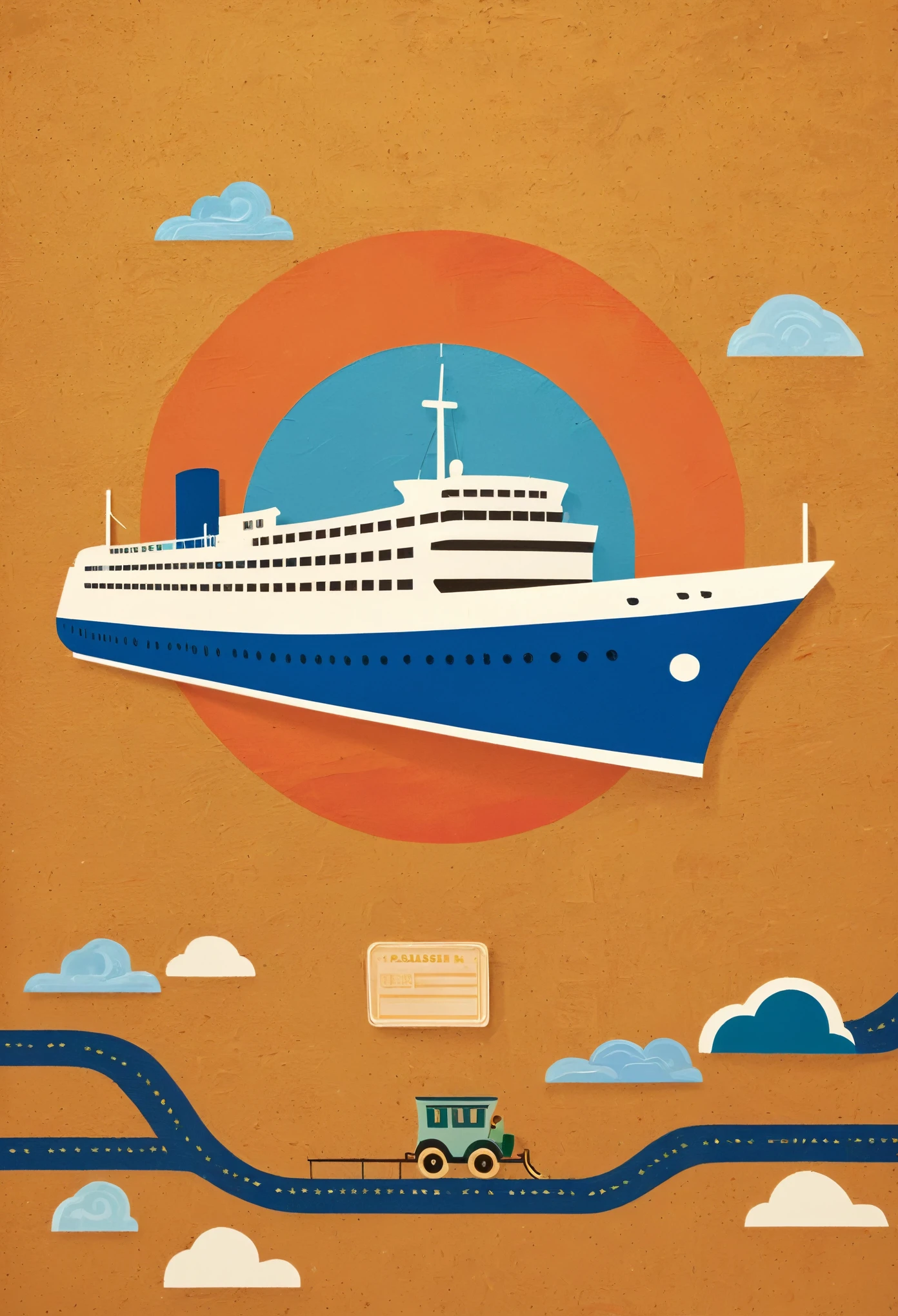 The small cruise ship, plane symbol, train, road sign, passport frame on random color background vector illustration, Cobalt and Caramel, the frame with a focus on the outer edges while keeping the center blank, in the style of folk art-inspired illustrations, mural painting, camping-inspired patterns, 1900s, mundane materials，Xill，minimalist Journey