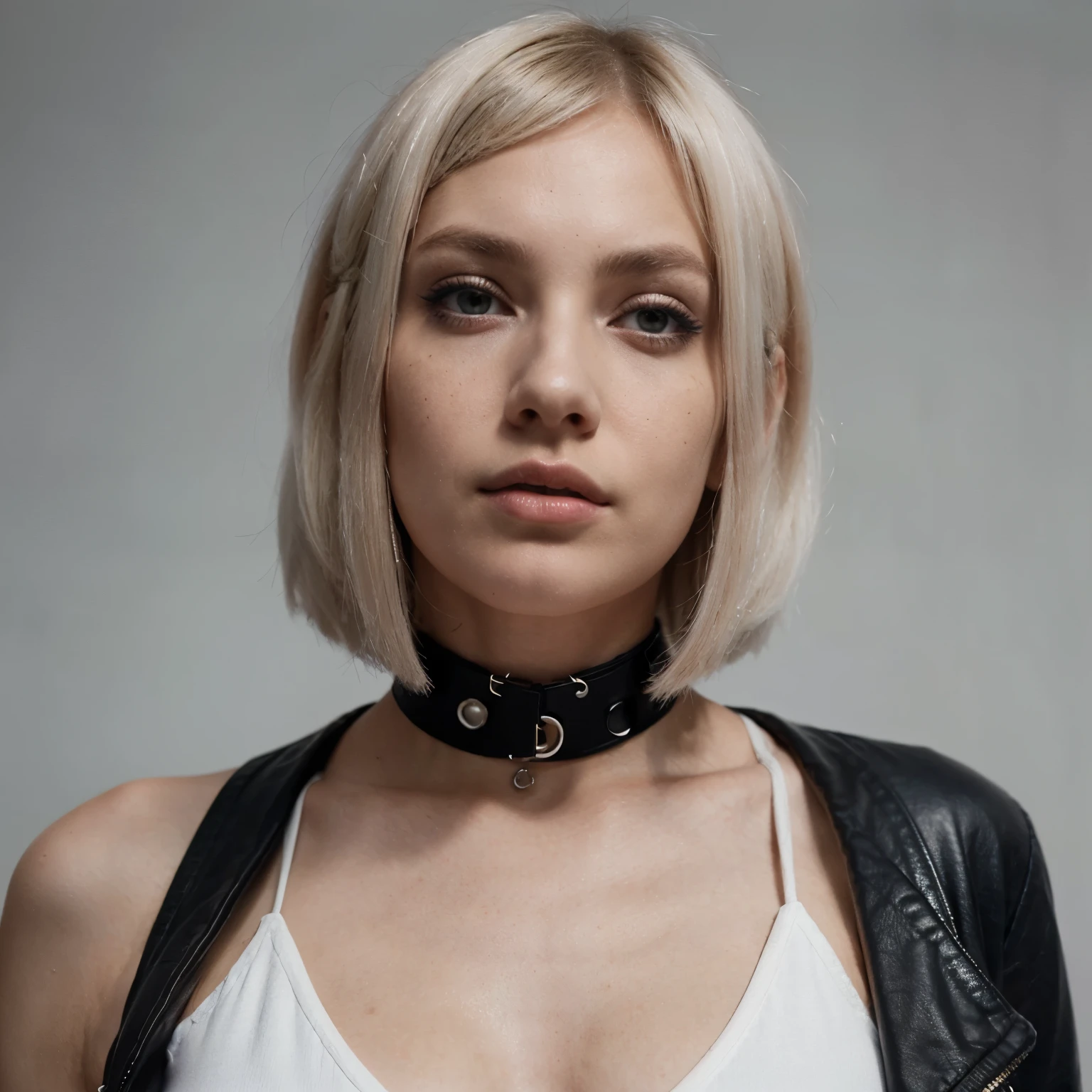 young woman with a modern, edgy style. She has a short, platinum blonde bob haircut with blunt bangs. Her makeup is striking, with bold, violet eyeshadow that contrasts sharply with her fair skin and light hair. She has a few freckles across her nose and cheeks, adding a touch of natural charm to her otherwise bold look.

She is wearing a white, high-necked crop top with the word "HAAG" printed on the collar, giving a nod to contemporary streetwear or avant-garde fashion. Over this, she has a sleeveless black and white jacket that drapes stylishly over her shoulders. Her pose is confident and slightly confrontational; she faces the camera directly with a slight tilt of her head, and her eyes are fixed on the lens, giving a piercing, almost challenging gaze.

The photo appears to be taken at a slightly low angle, making her appear dominant in the frame. The background is minimalistic and slightly blurred, ensuring the focus remains on her. The lighting is soft yet bright, highlighting her features and the textures of her clothing. Her attitude exudes a mix of cool nonchalance and self-assuredness, typical of high-fashion editorial shoots.