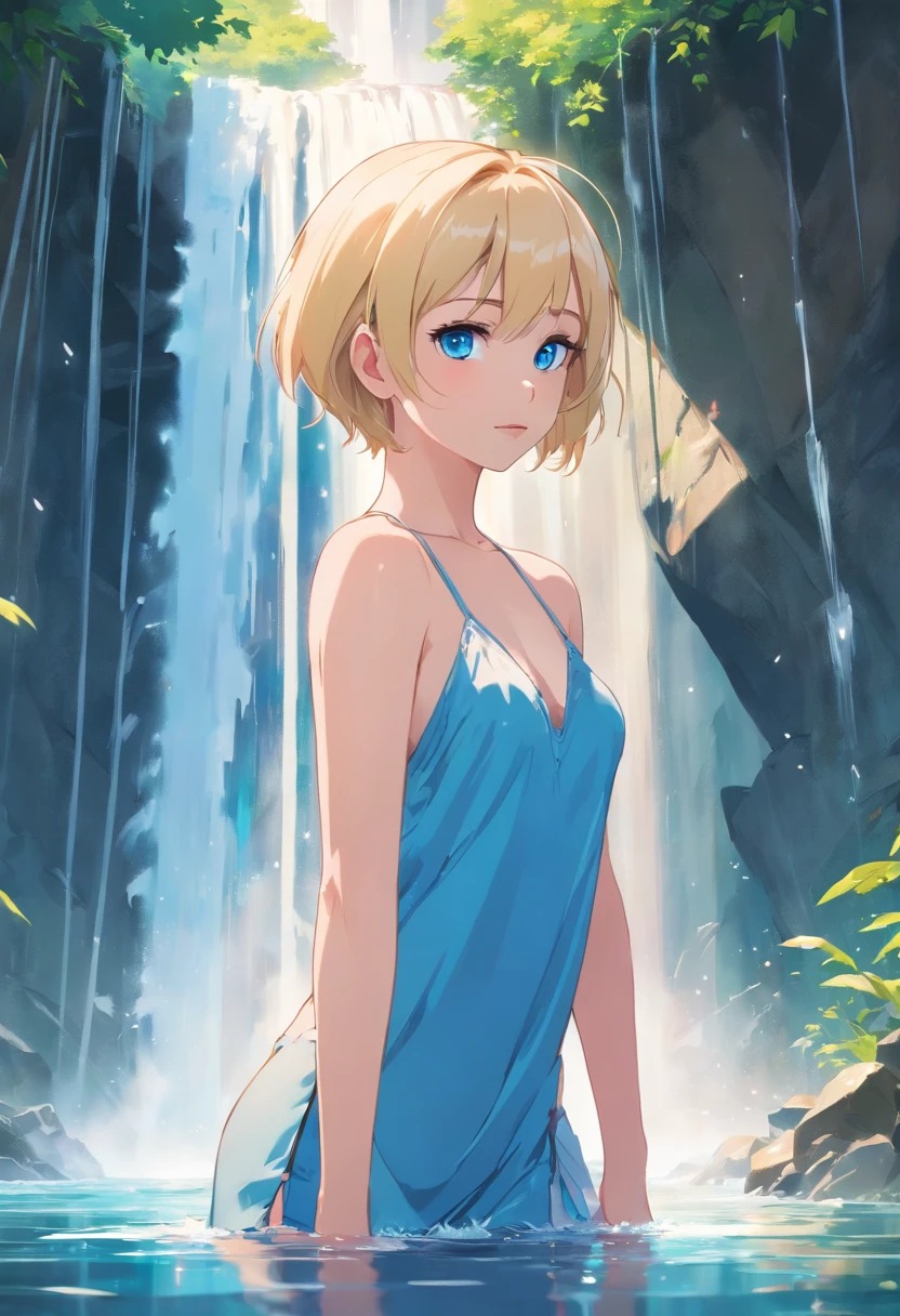 Women, ((Blonde)), ((Blue eyes)), ((Short hair)), ((Full shot)), very detailed makeup, pale pink lipstick, long earrings, bare shoulders, She is wearing a body suit with a neckline up to the navel, red, with high heels standing in front of a waterfall, the floor is wet