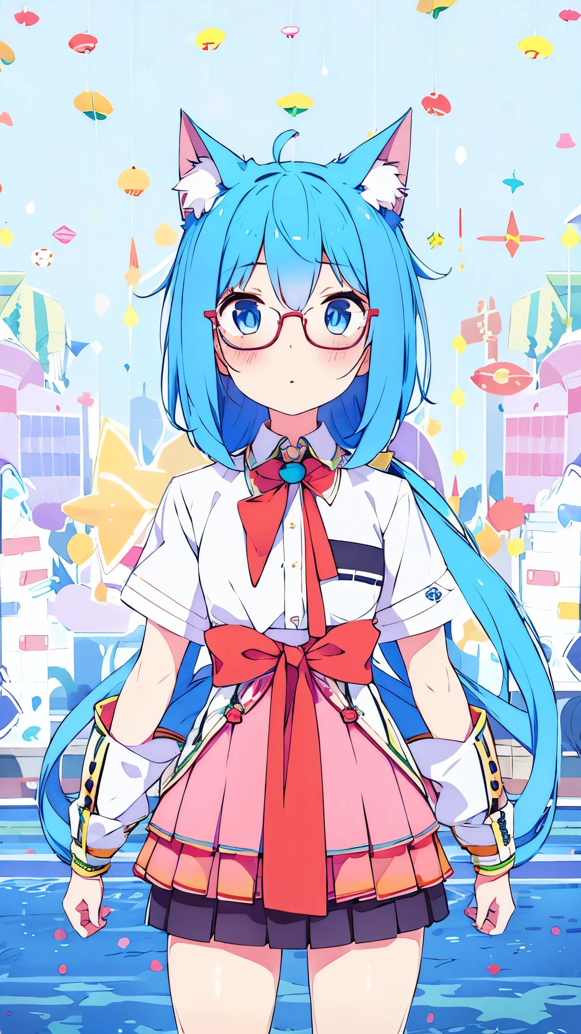 girl blue  hair blue eyes Glasses nekomimi 