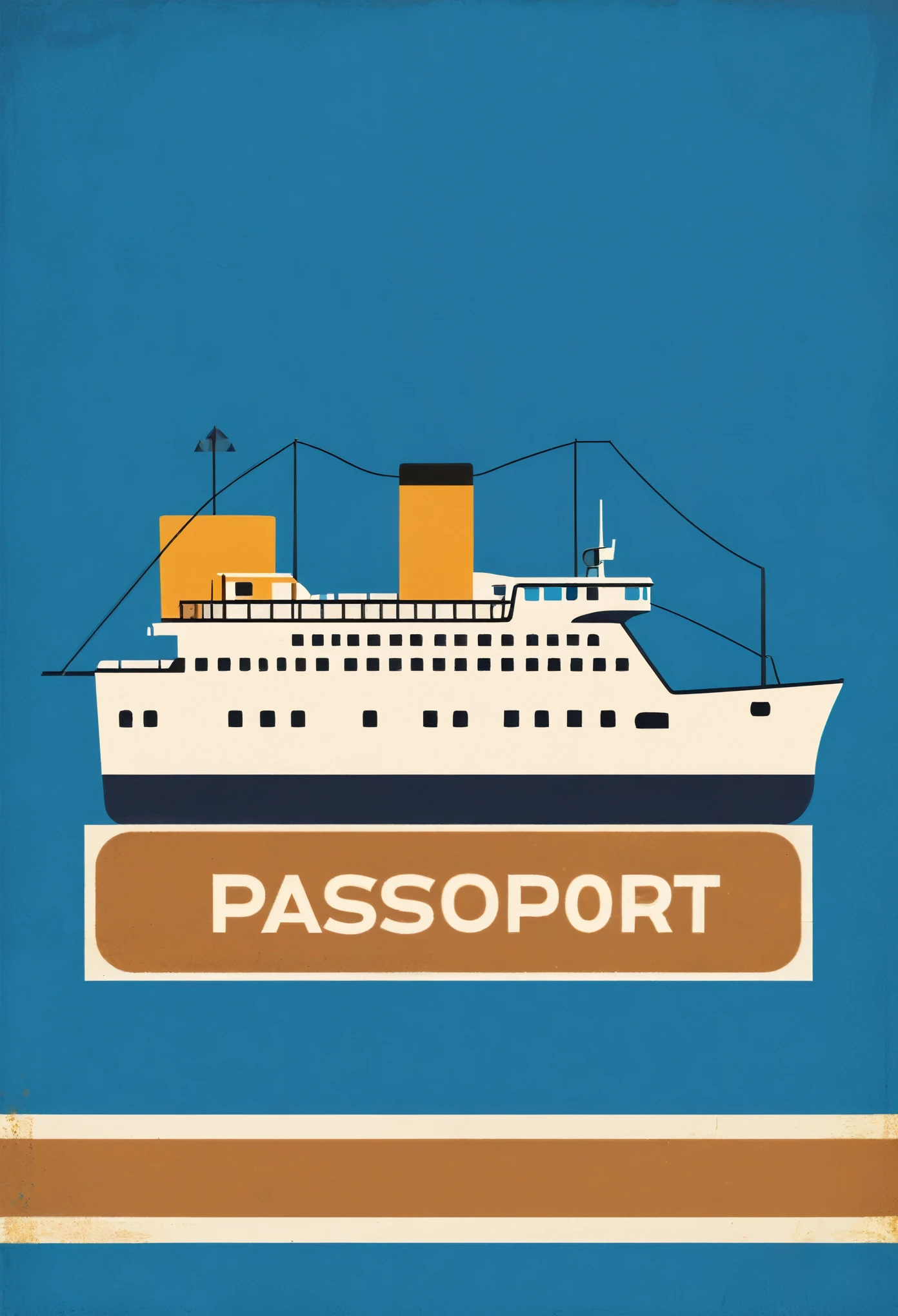The small cruise ship, plane symbol, train, road sign, passport frame on random color background vector illustration, Cobalt and Caramel, the frame with a focus on the outer edges while keeping the center blank, in the style of folk art-inspired illustrations, mural painting, camping-inspired patterns, 1900s, mundane materials，Xill，minimalist Journey